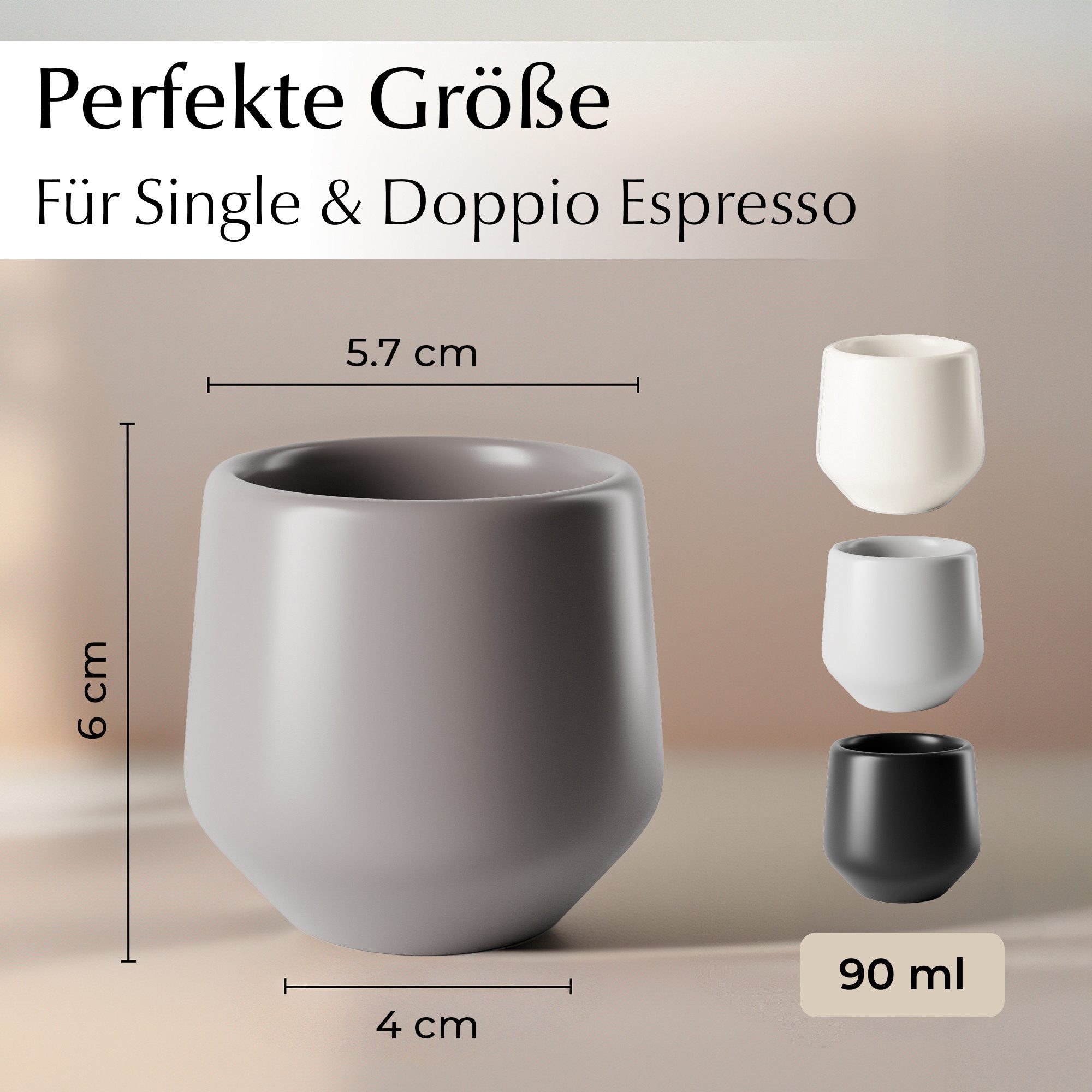 MiaMio Espressotasse Luxe ohne Henkel, 90 ml, Classic Pastel Grau, 4-tlg., Keramik, Ristretto & Doppio, dickwandig, modern