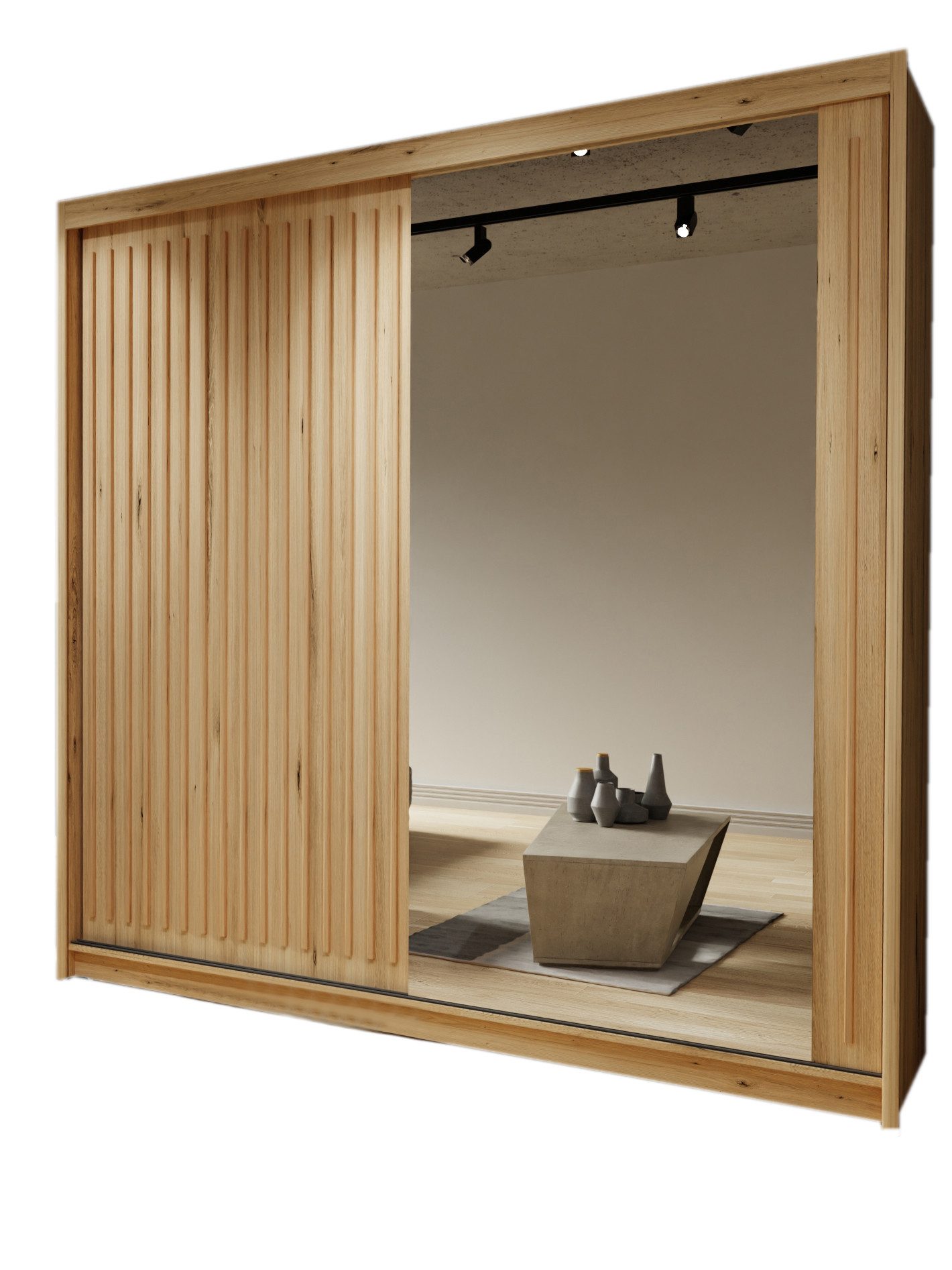 Compleo Schwebetürenschrank 203 cm breit, Elegant design, Kleiderschrank mit Lamellen ROY