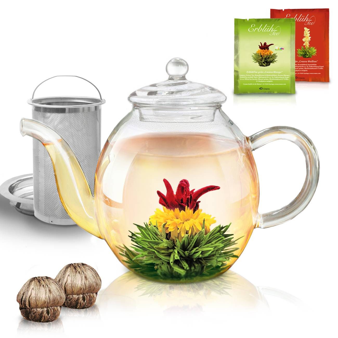 Creano Teekanne Teekanne aus Glas 1,0l - 2 Teeblumen - mit Edelstahl-Sieb und Deckel