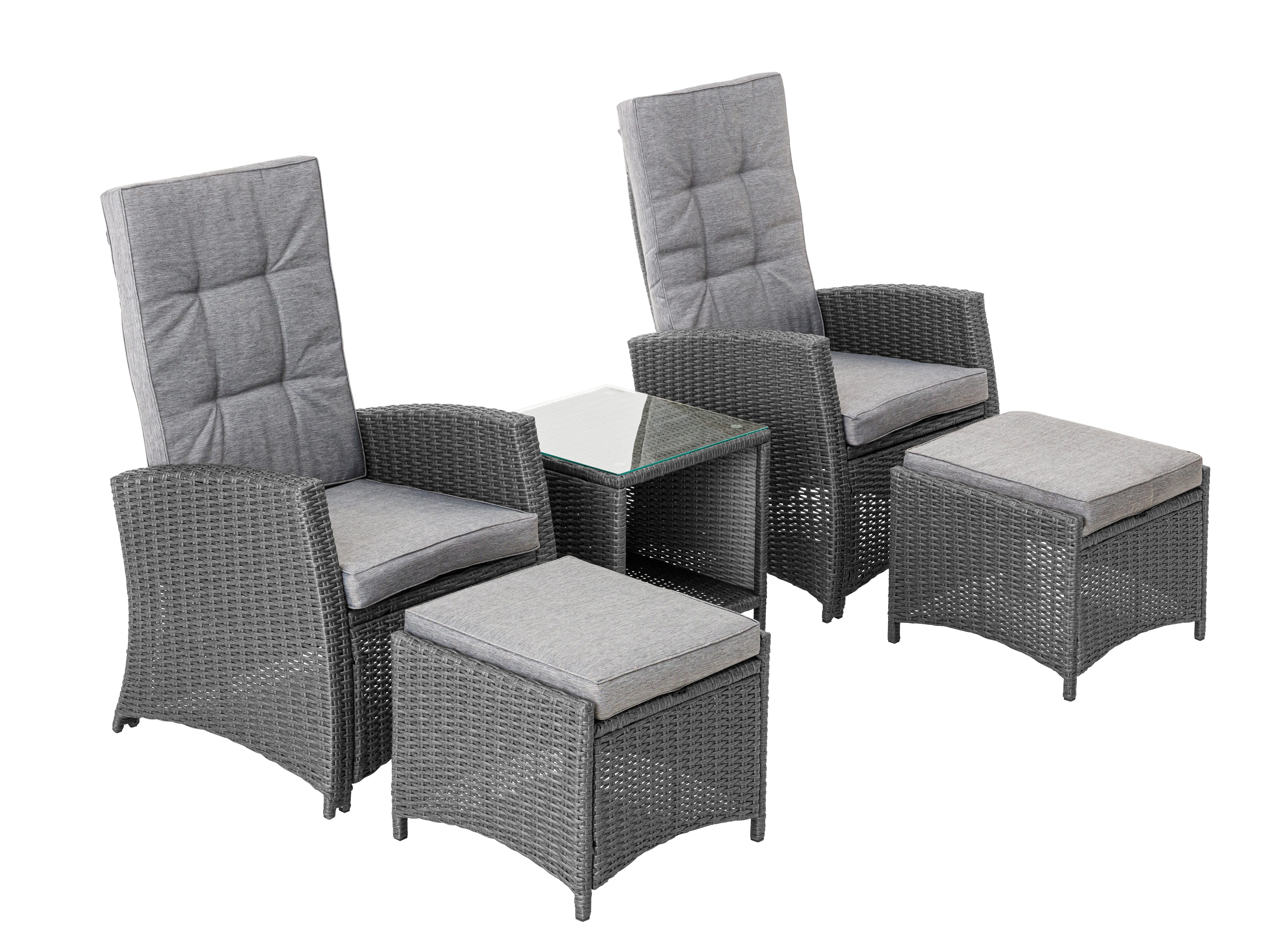 KONIFERA Garten-Essgruppe »New Paris«, (Set, 11-tlg., 2 Sessel, Rückenlehne verstellbar, Tisch 50x50x51,5 cm, 2 Hocker), inkl. Auflagen, Aluminium/Polyrattan. Reduzierter Preis € 349,99. Unverbindliche Preisempfehlung € 465,00