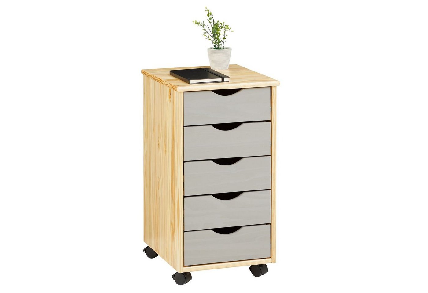 IDIMEX Rollcontainer LAGOS, Bürocontainer aus Massivholz mit 5 Schubladen Natur/Grau