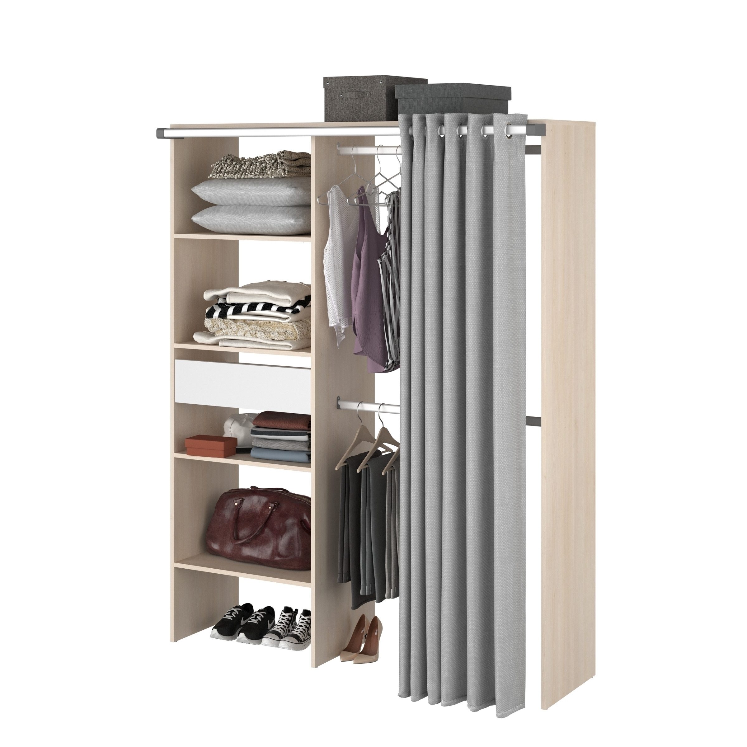 Parisot Vorhang-Schrank Bari 2 2 Stangen, 5 Fächer, Akazie Dekor / grau - 143x182x48cm (BxHxT)