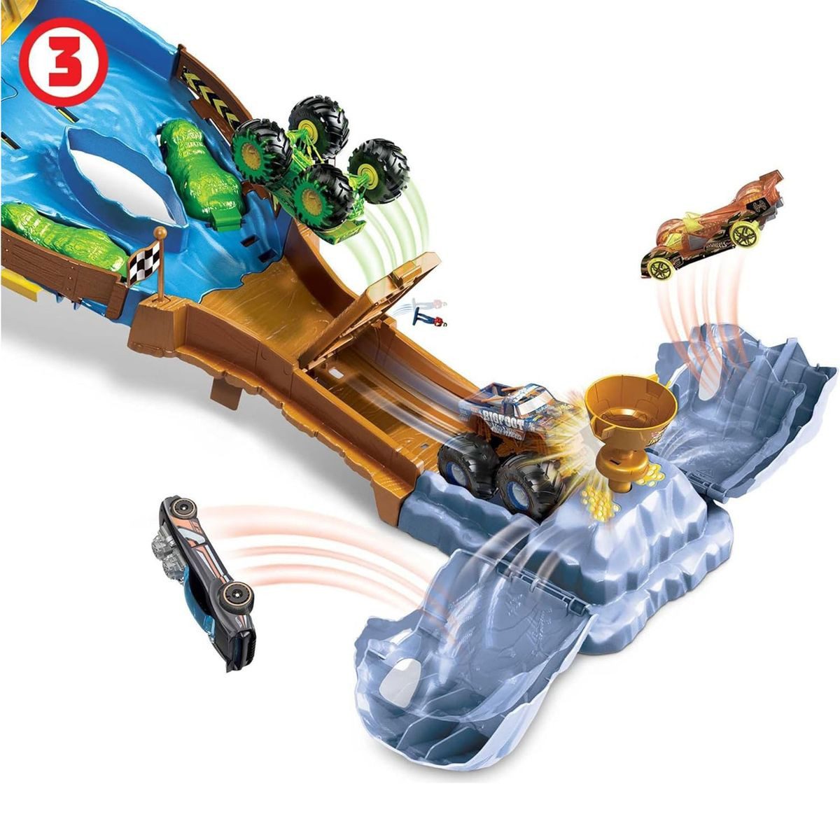 Mattel® Spielzeug-Auto Mattel HJG32 - Hot Wheels - Monster Trucks - Spieset, Rennstrecke + 2