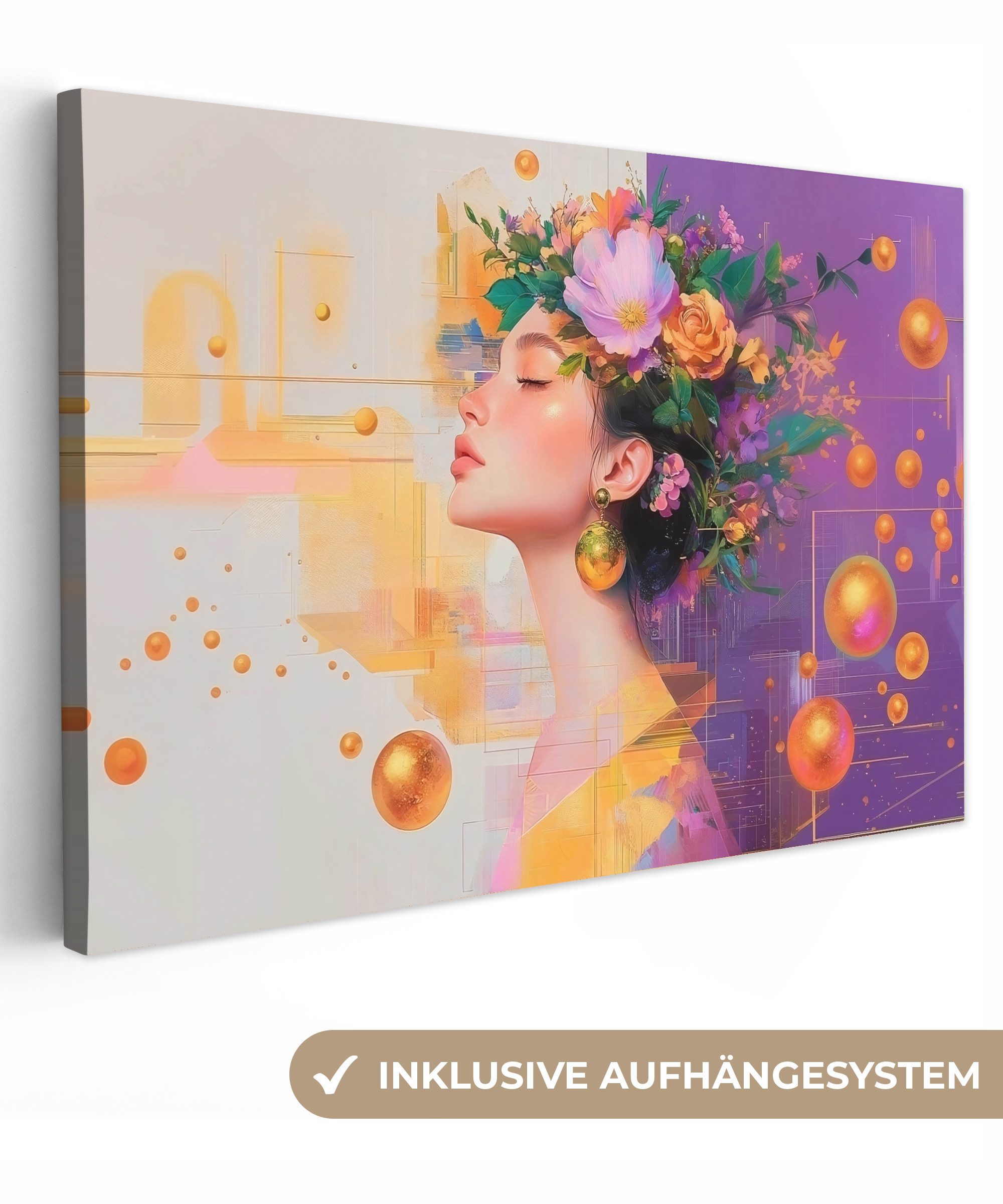 Leinwandbild Abstrakt - Frau - Blumenkrone - Gold