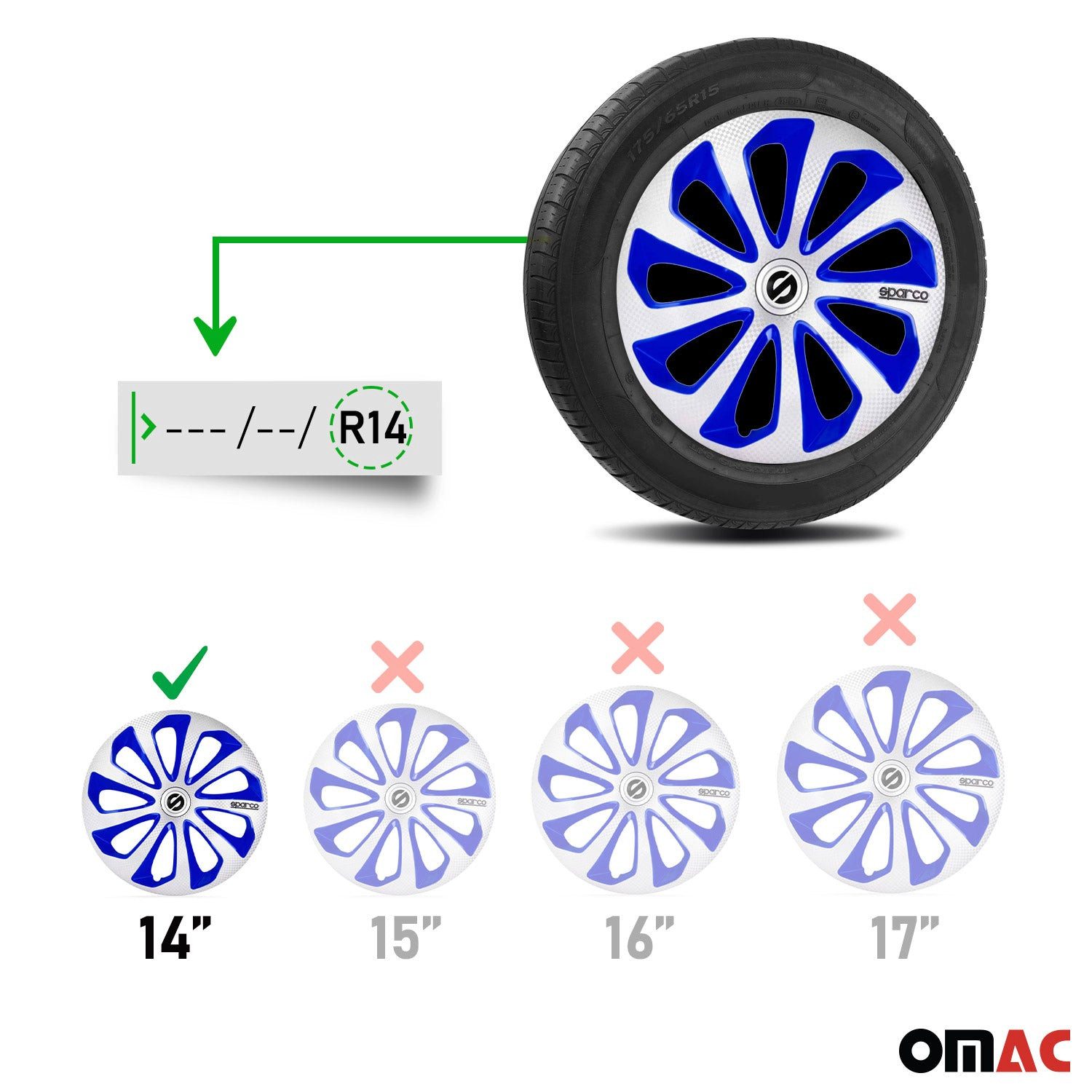 OMAC Radkappen Sparco 14 Zoll Roma Silber Grau 4tlg, (4-St) Einfache Installation, Haltbar