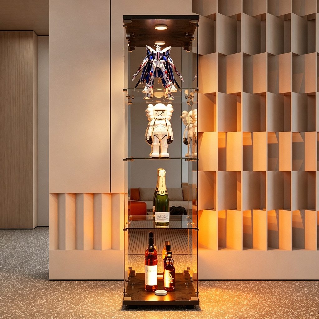 Simurq Glasvitrine Standvitrine mit LED, Glas Vitrinenschrank für Sammlung (1-St, 4 Lagen Glasschrank mit 1 Glastür, Glas Vitrine mit Schloss) Glasvitrine Stehend, perfekt für Sammler, Sammelvitrine