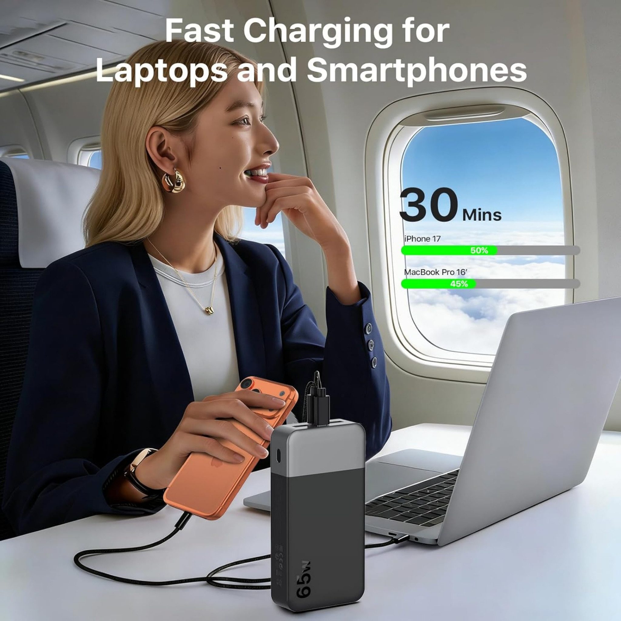 NOBIS Powerbank 20000mAh 65W Schnellladen USB-C/A PD Externer Akku Tragbare Powerbank (5 V), Schnelllade Powerbank, LED Anzeig, für Laptop Smartphone Tablet Rei – Bild 2 von 5