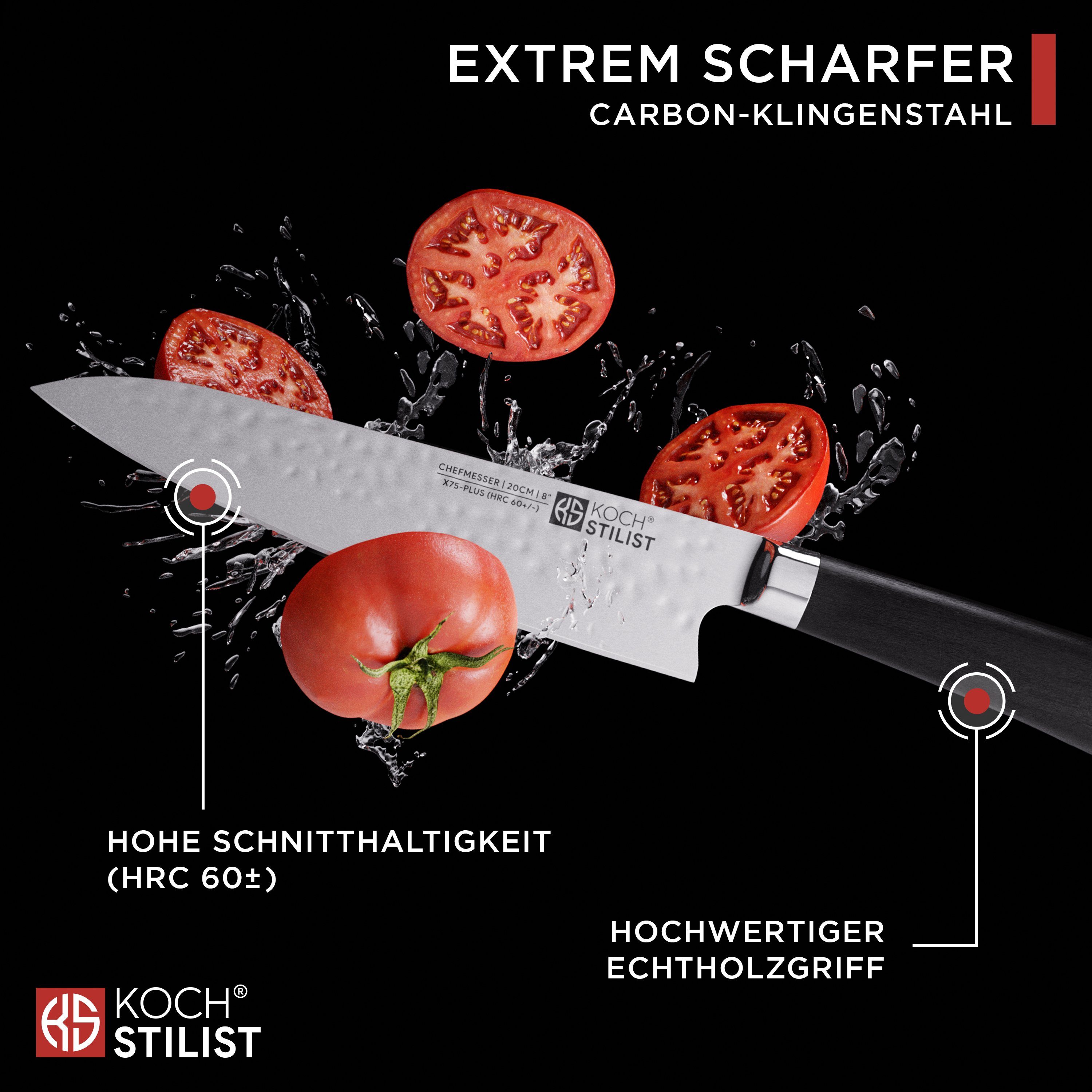 KOCHSTILIST by Kris Wu Kochmesser Premium, extra scharf, 20 cm - hohe Schneidleistung im edlen Design, Küchenmesser, Japan, Chef, Messer, Damast, Set, Schwarz, Holzgriff