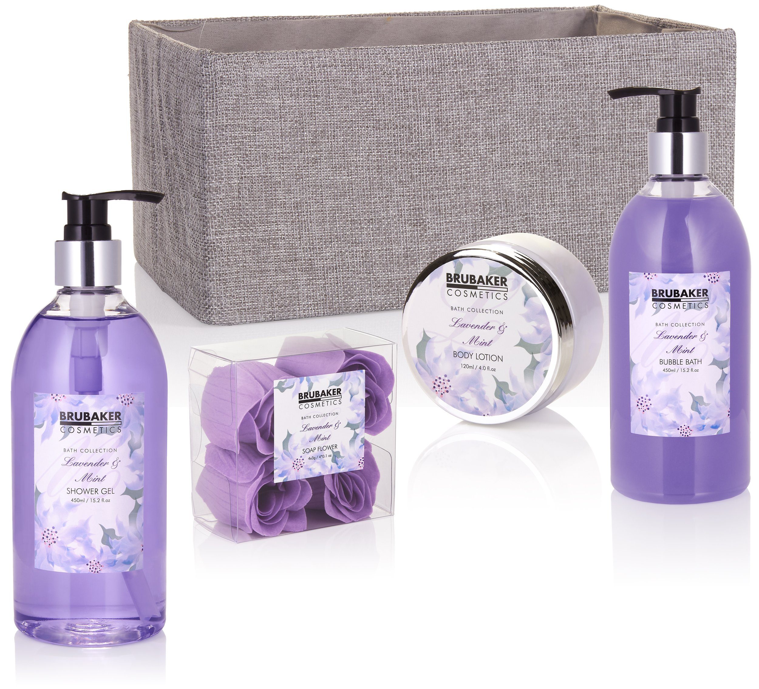 Dusch- Lila BRUBAKER und Hautreinigungs-Set in 12-tlg., Jute-Box, Pflegeset Lavendel Beauty Minze mit Duft, für Frauen, Geschenkset Badeset Damen