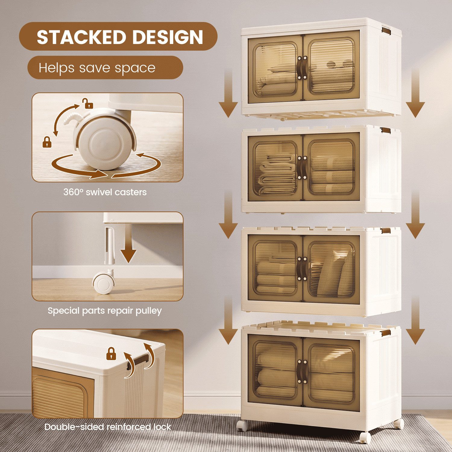 WILGOON Aufbewahrungsbox Faltbarer Aufbewahrungsschrank mit transparenten Türen und Rollen (4 Ebenen für Kleidung, Spielzeug, Küche oder Vorratsaufbewahrung, Ohne Werkzeug schnell aufgebaut und platzsparend zusammenklappbar), Großes Fassungsvermögen mit beidseitigem Zugriff und Sichtfenster