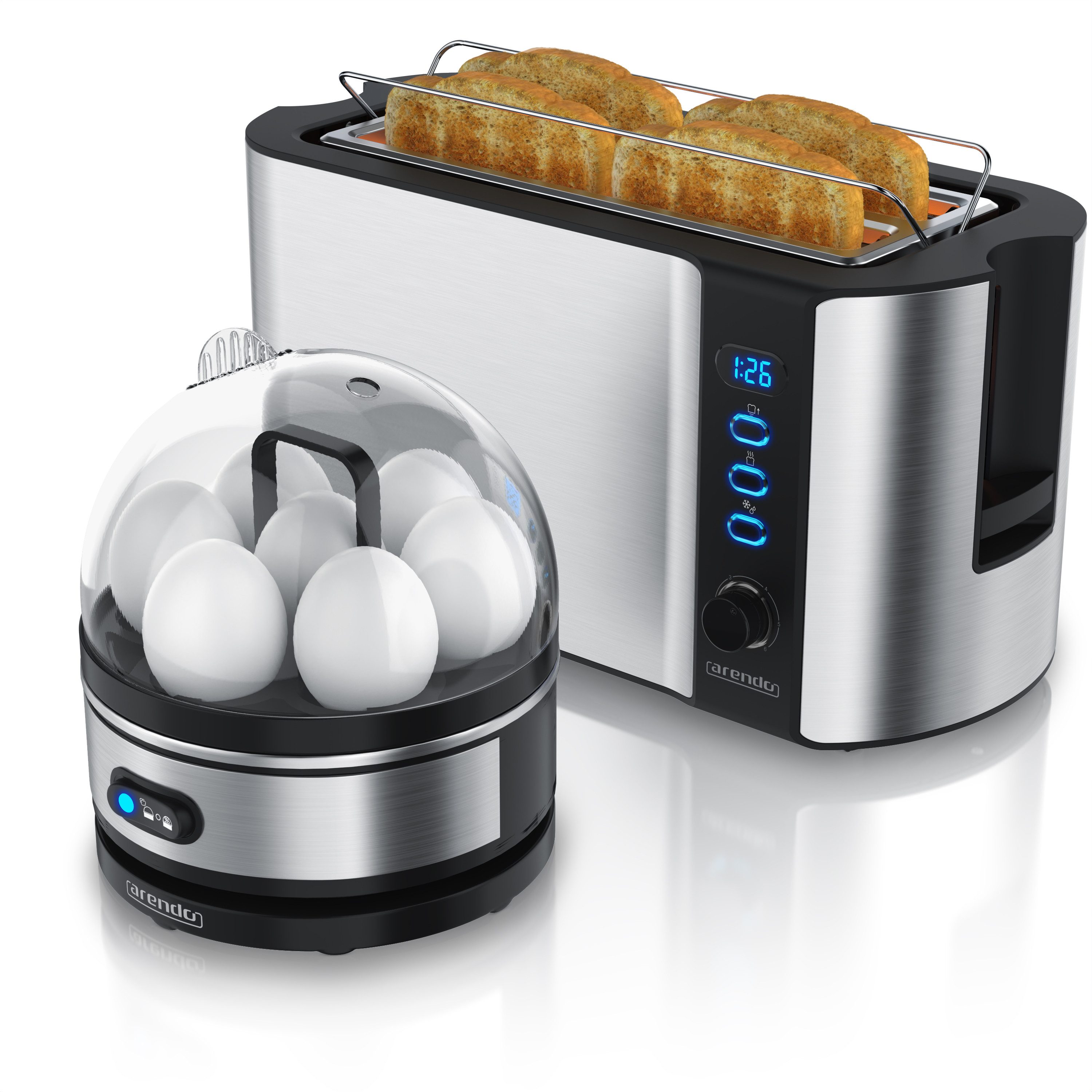 Arendo Frühstücks-Set (2-tlg), 4-Scheiben Langschlitz Toaster, 7er Eierkocher, Silber