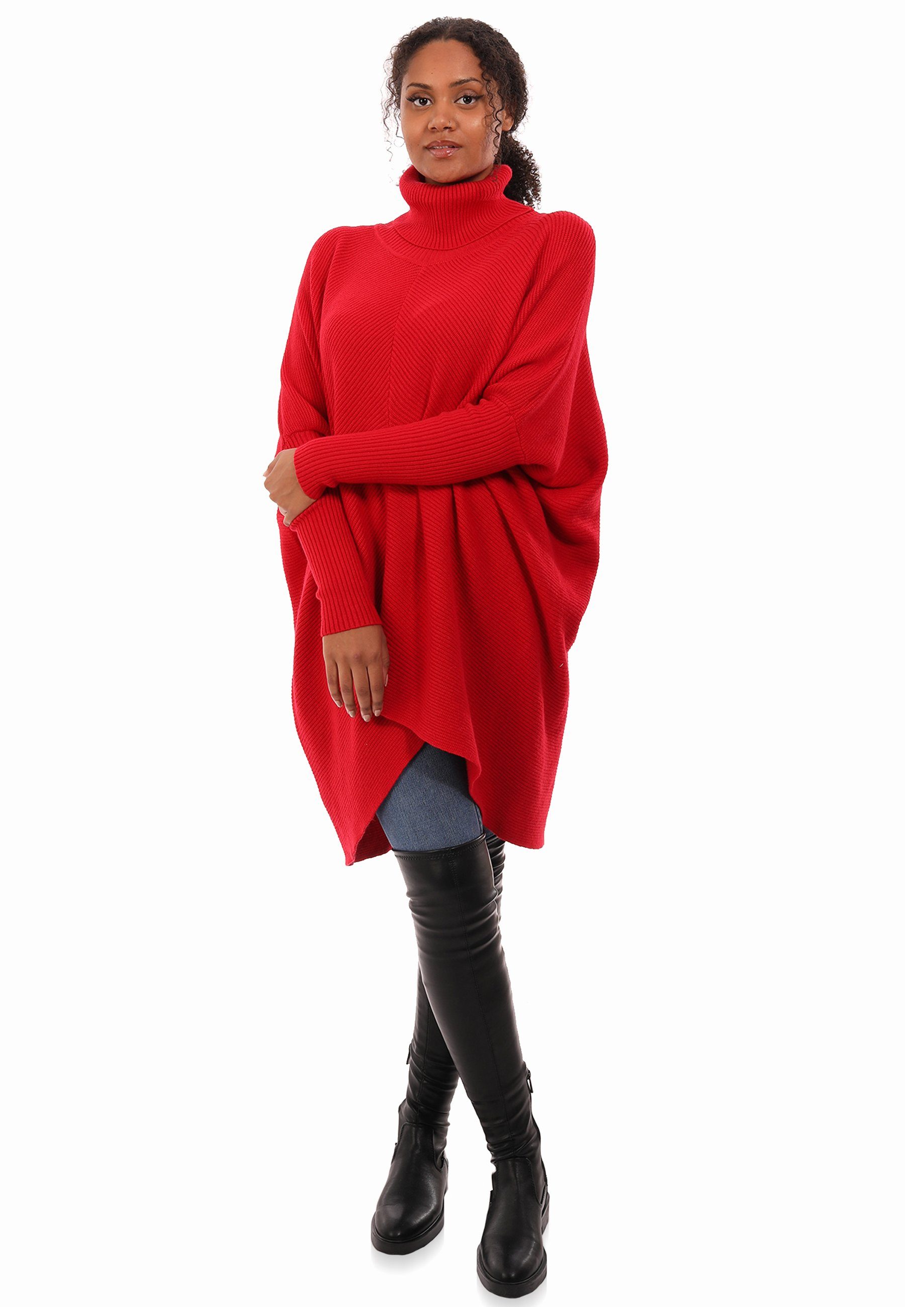 YC Fashion & Rollkragen mit mit asymmetrisch Style rot Unifarbe, Schultern in überschnittenen Strickpullover Size Plus (1-tlg) Longpullover