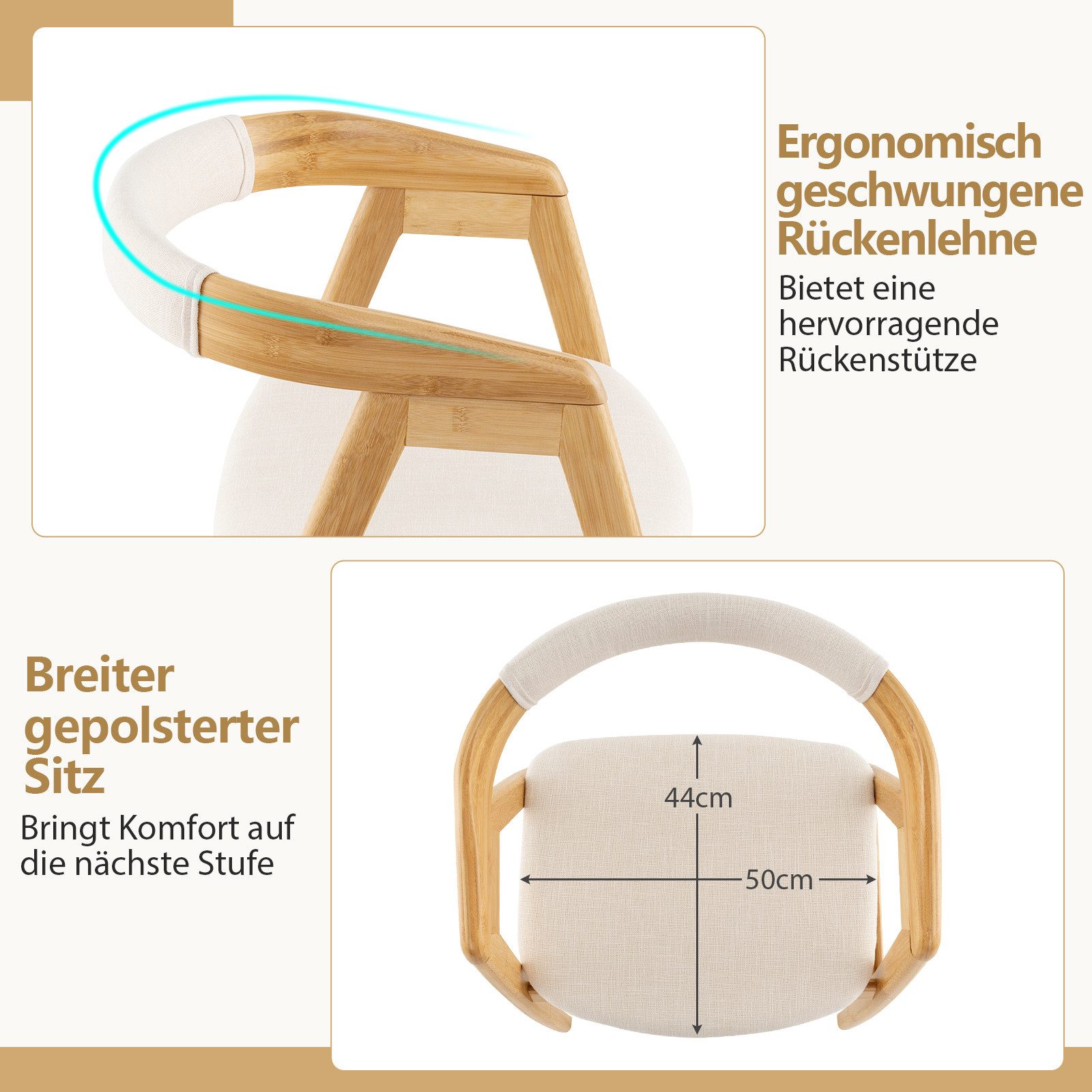 COSTWAY Esszimmerstuhl Küchenstuhl (1 St), mit Lehne, gepolstert, Bambus, 150kg
