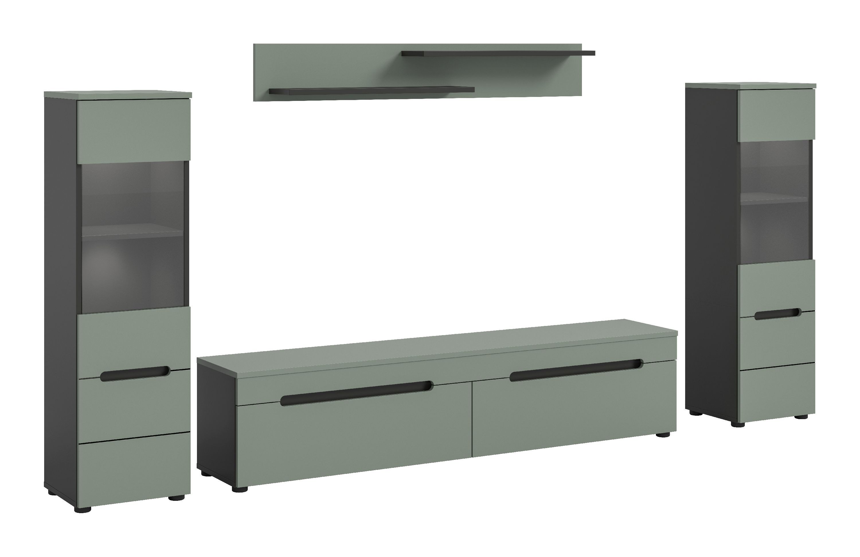 xonox.home Wohnwand, (4tlg. Set inkl. Vitrine, Lowboard, Wandboard), Smoke Green Melamin beschichtet modern 272x141x33 cm