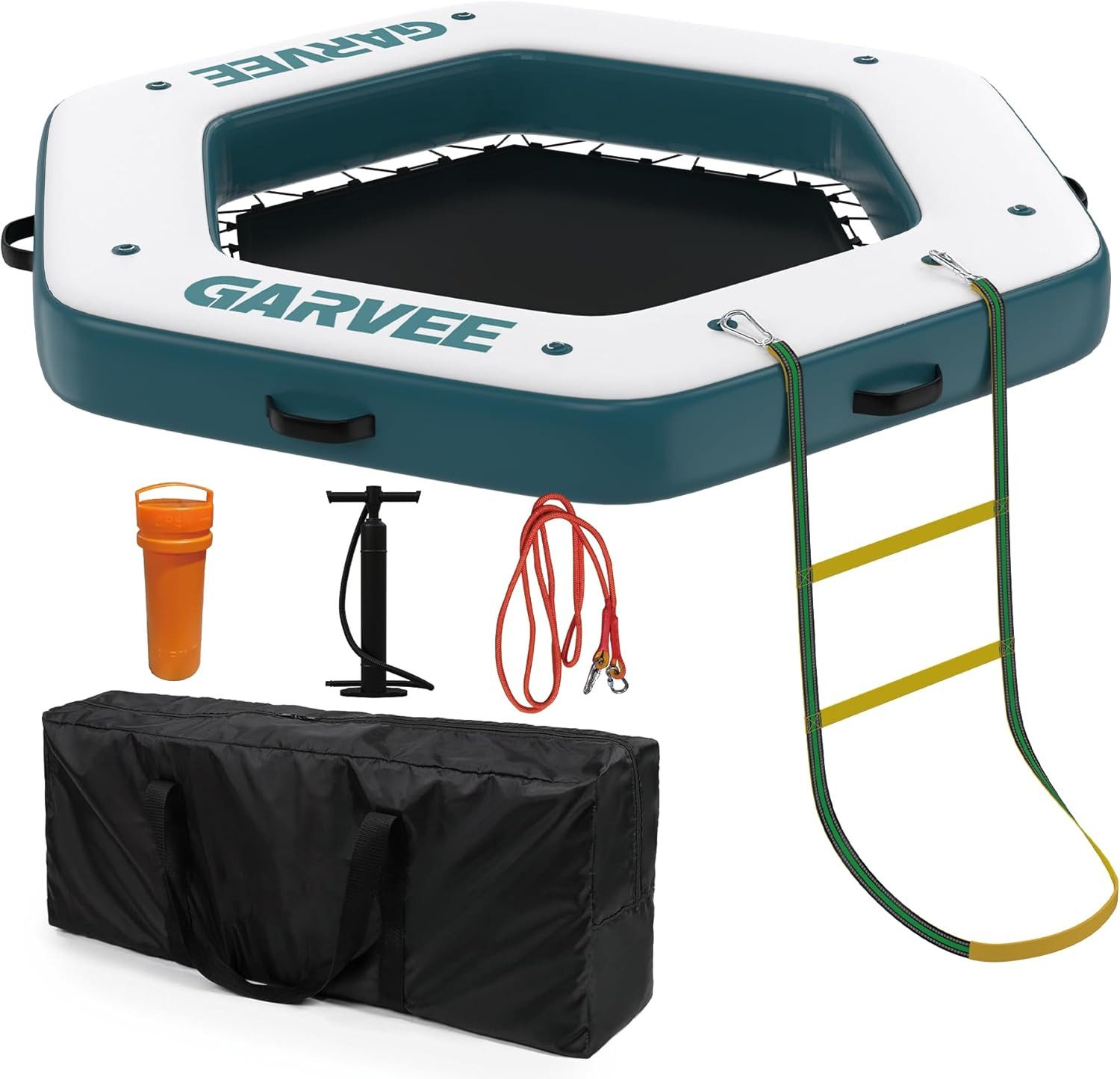 GarveeMore Wassersportträger Aufblasbare Sechseck Schwimmplattform 2.4×2.4m, Mesh & Leiter
