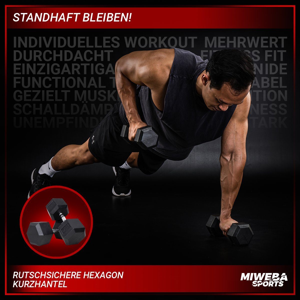Miweba Sports Hantel-Set Premium Hexagon Kurzhantel Set HGH100 - 7 verschiedene Varianten, (2er-Set, Hantelpaar, Gusseisen-Kern, kreuzgerändelte Struktur, konische Form), Hantelgewichte Gewichte Fitness Sport Hantel Kurzhantel Set