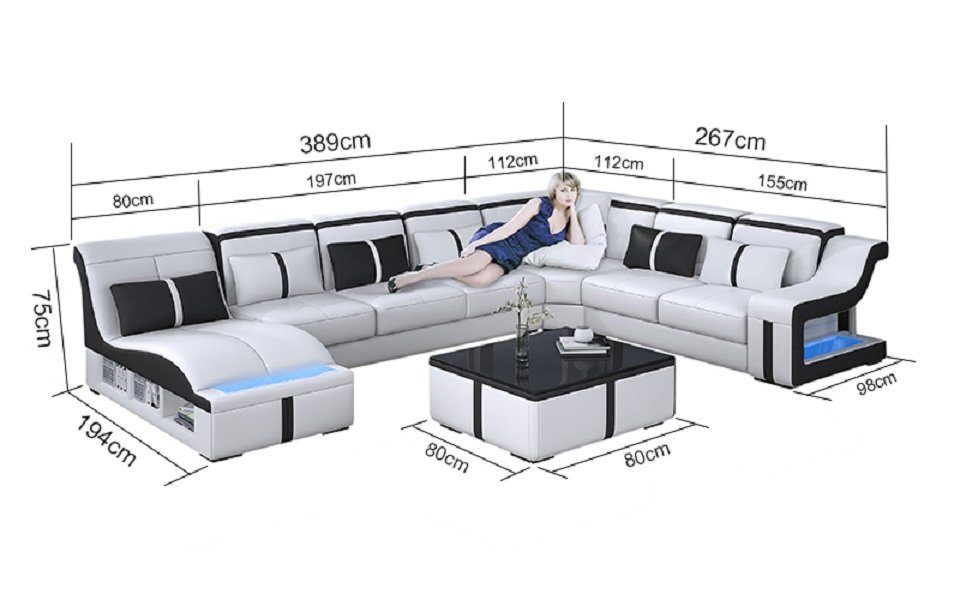 JVmoebel Ecksofa Design Ecksofa U-form Couch Wohnlandschaft, Sofa Made in Weiß Neu Europe Leder Beleuchtet