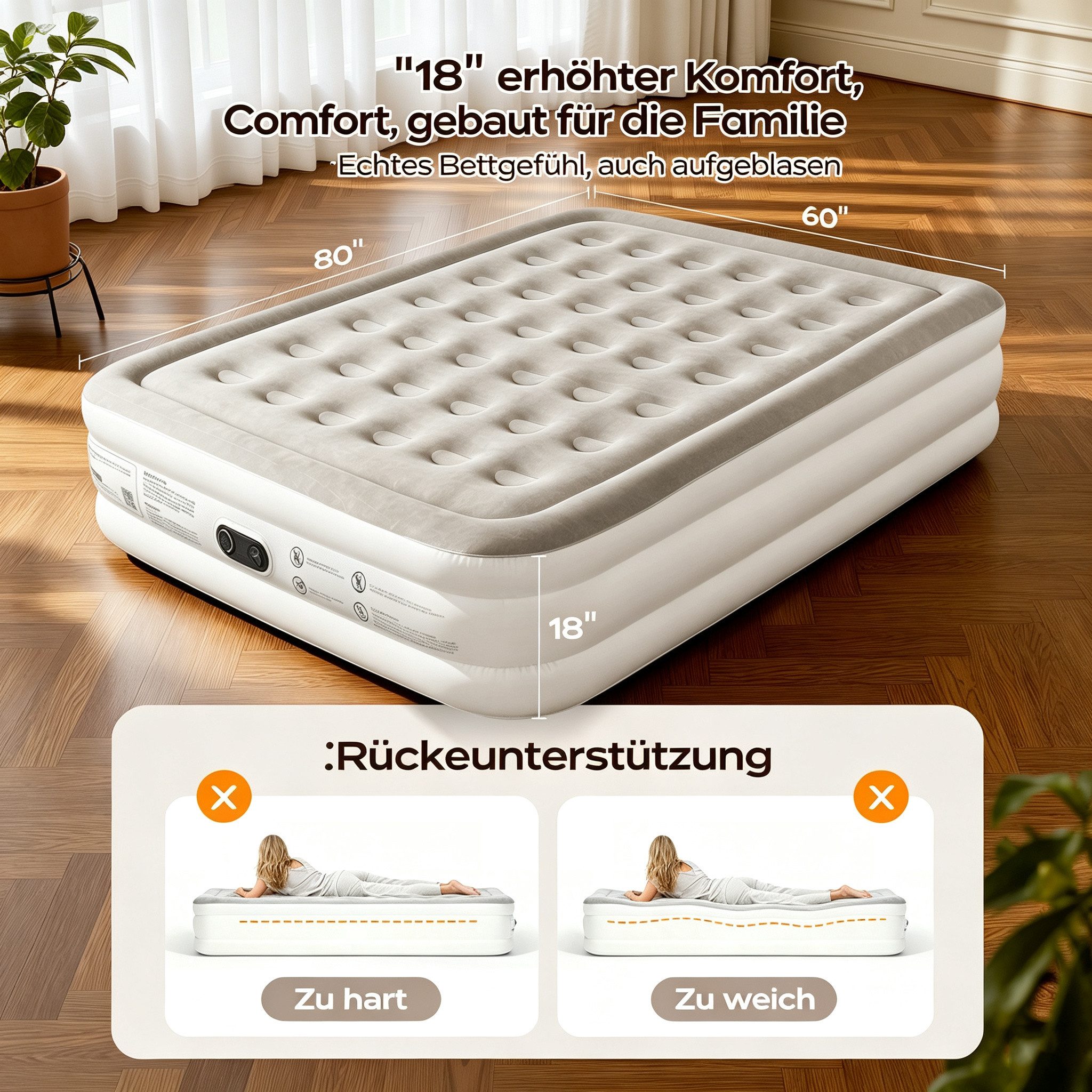 MC Star Luftmatratze Komfortable Luftmatratze 18″ hoch, bis 362 kg Tragkraft, (mit integrierter Pumpe, für Gäste, Camping & Zuhause, leise & pflegeleicht, platz – Bild 5 von 5