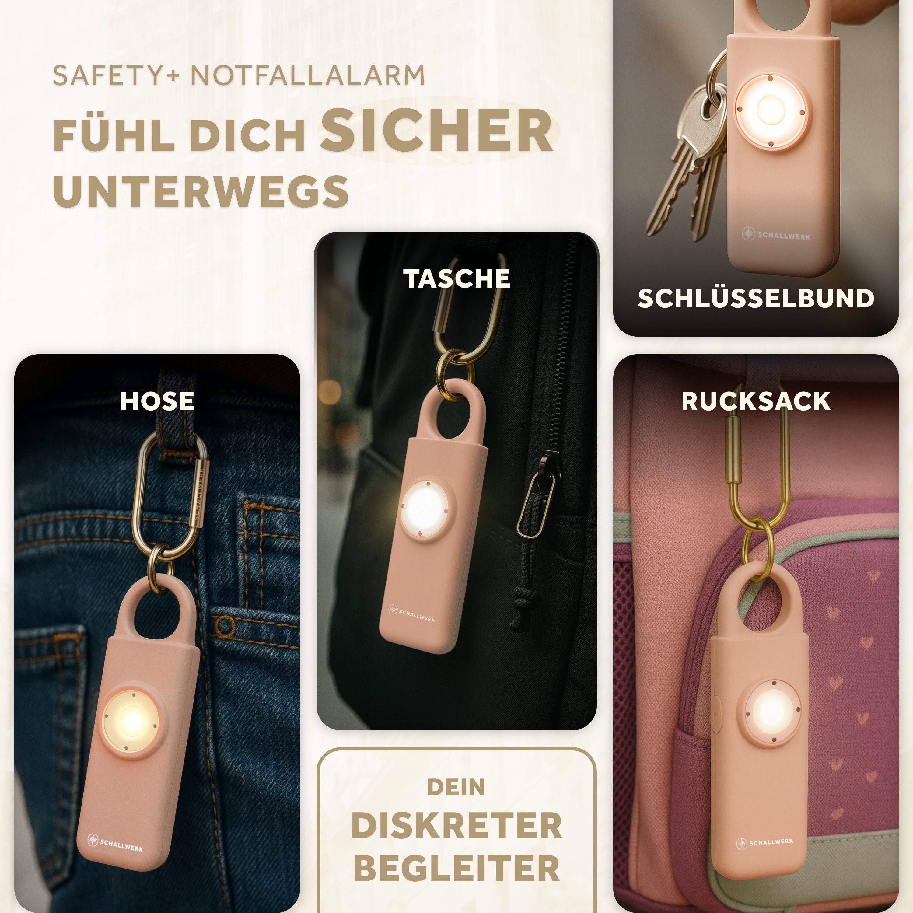 Schallwerk Taschenanhänger Taschenalarm für Selbstverteidigung & Sicherheit Lauter Alarm, LED-Stroboskoplicht, Schlüsselanhänger, für Frauen