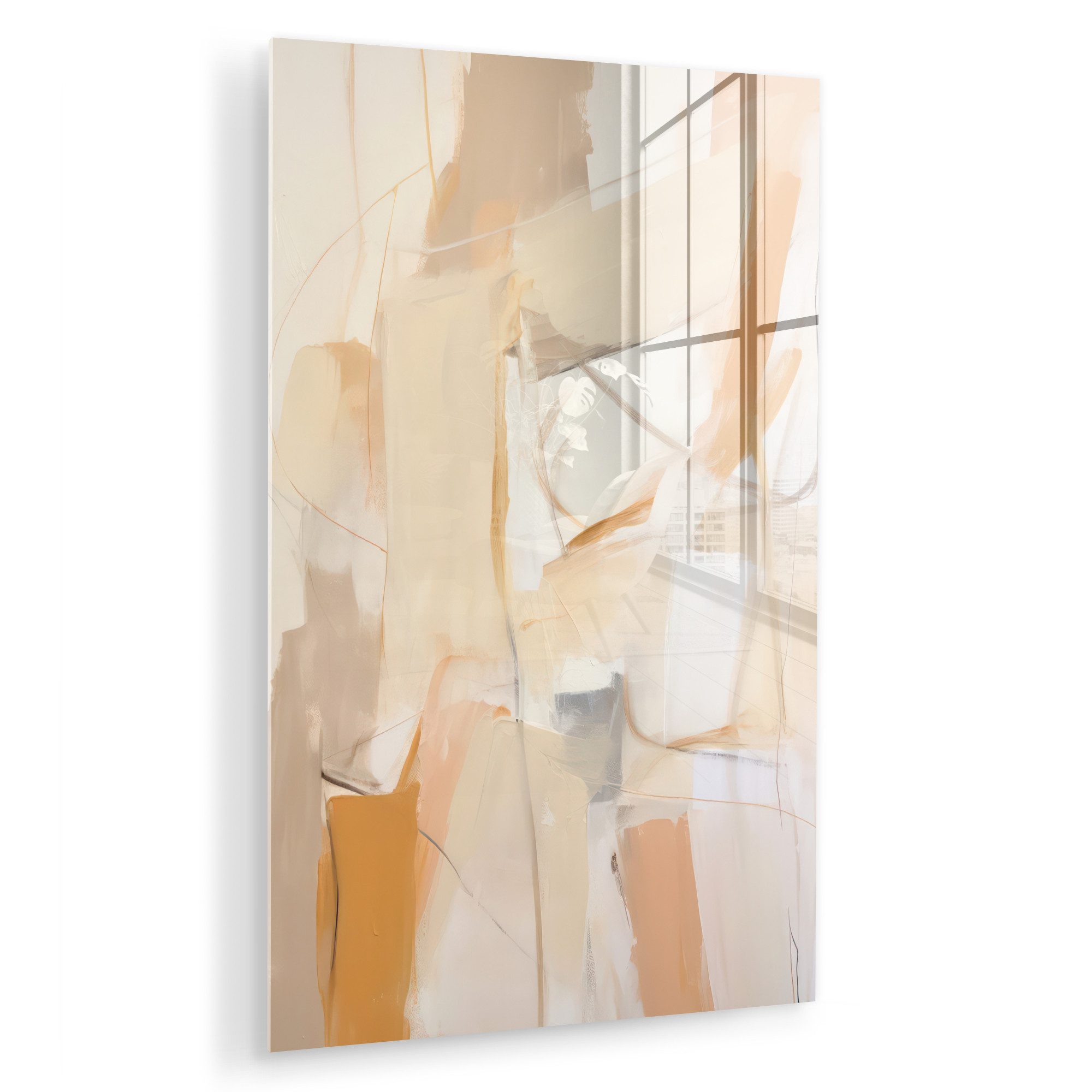 MuchoWow Acrylglasbild Abstrakt - Beige - Orange - Kunst - Modern, Inkl. Aufhängung, Dekorative Bild für Küche & Wohnzimmer auf Glas, 20x30 cm