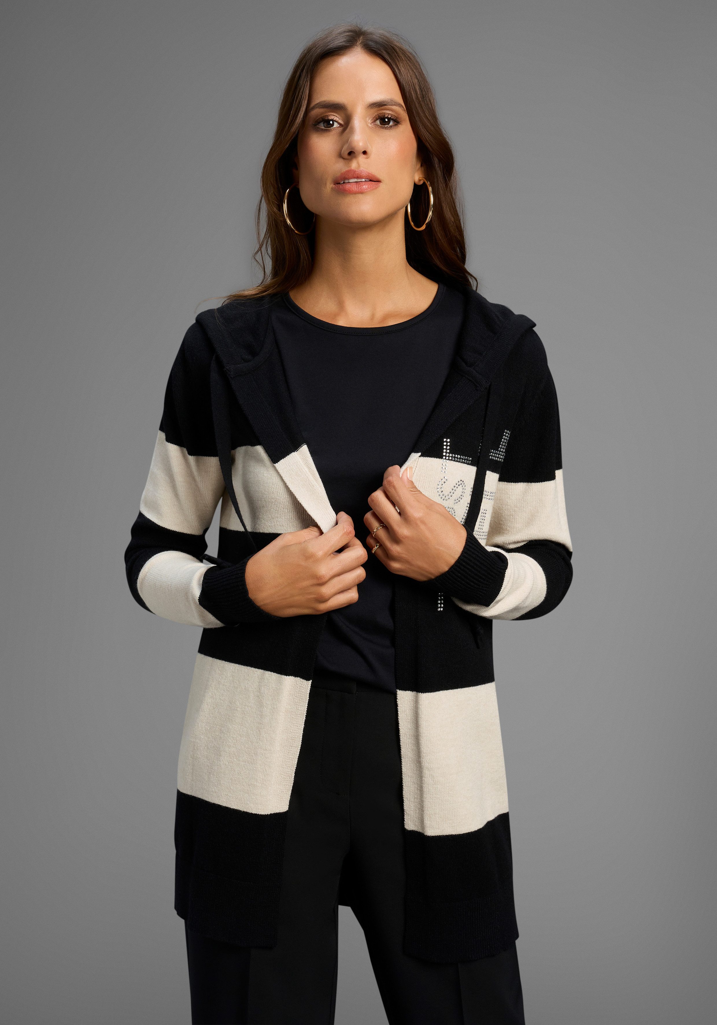 Laura Scott Kapuzenstrickjacke Winterstrick mit Streifen und Glitzerdetails günstig online kaufen