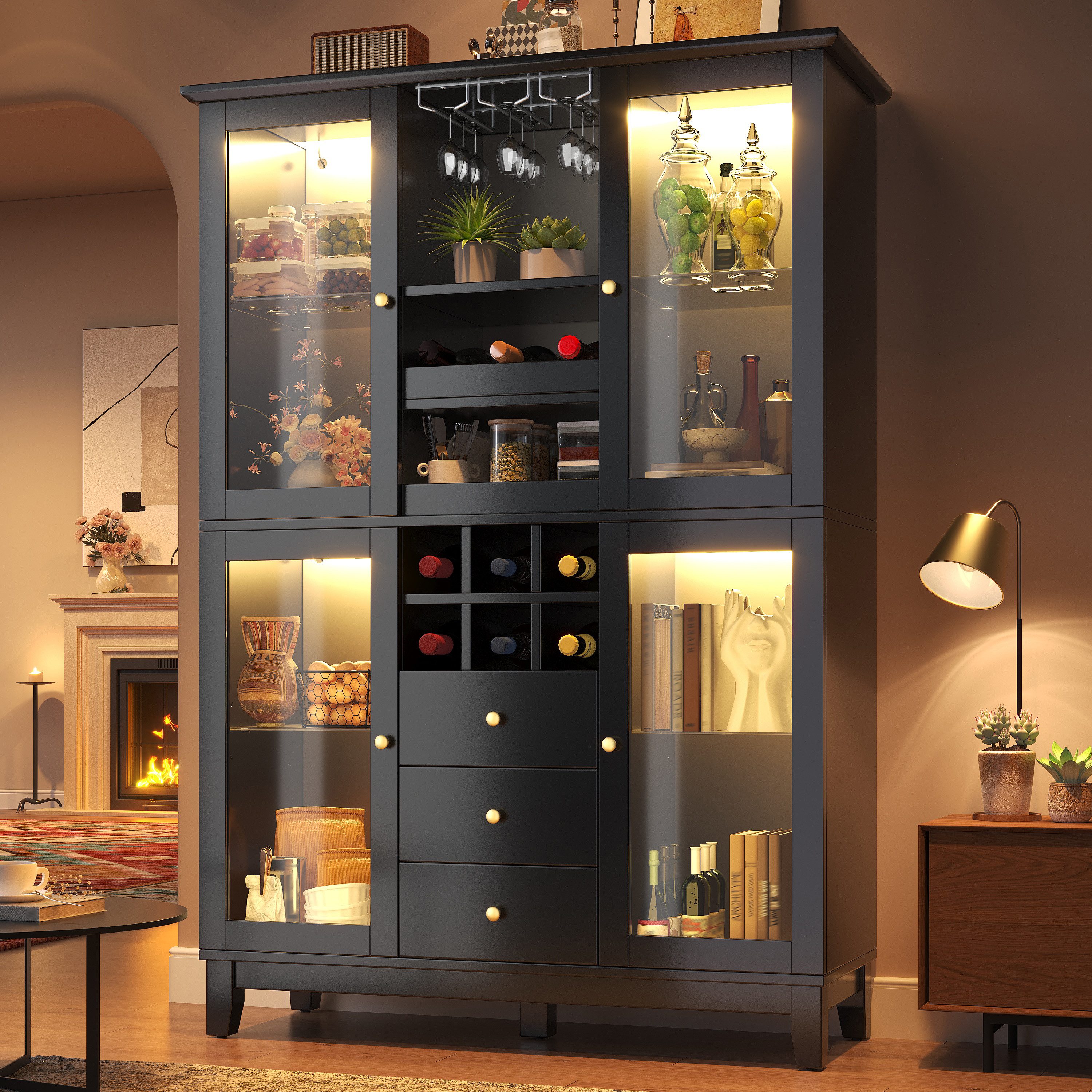 TavilaEcon Weinschrank mit App-gesteuerter LED-Beleuchtung & 3 Schubladen (1-St) mit Weinglas- & Flaschenhalter, Schwarz/Weiß