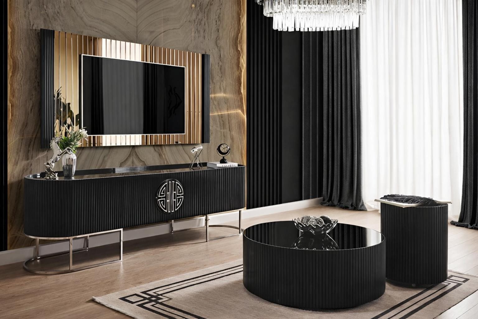 Xlmoebel TV-Schrank Elegantes TV-Panel mit goldenen und schwarzen Akzenten (TV-Panel) Made in Europa