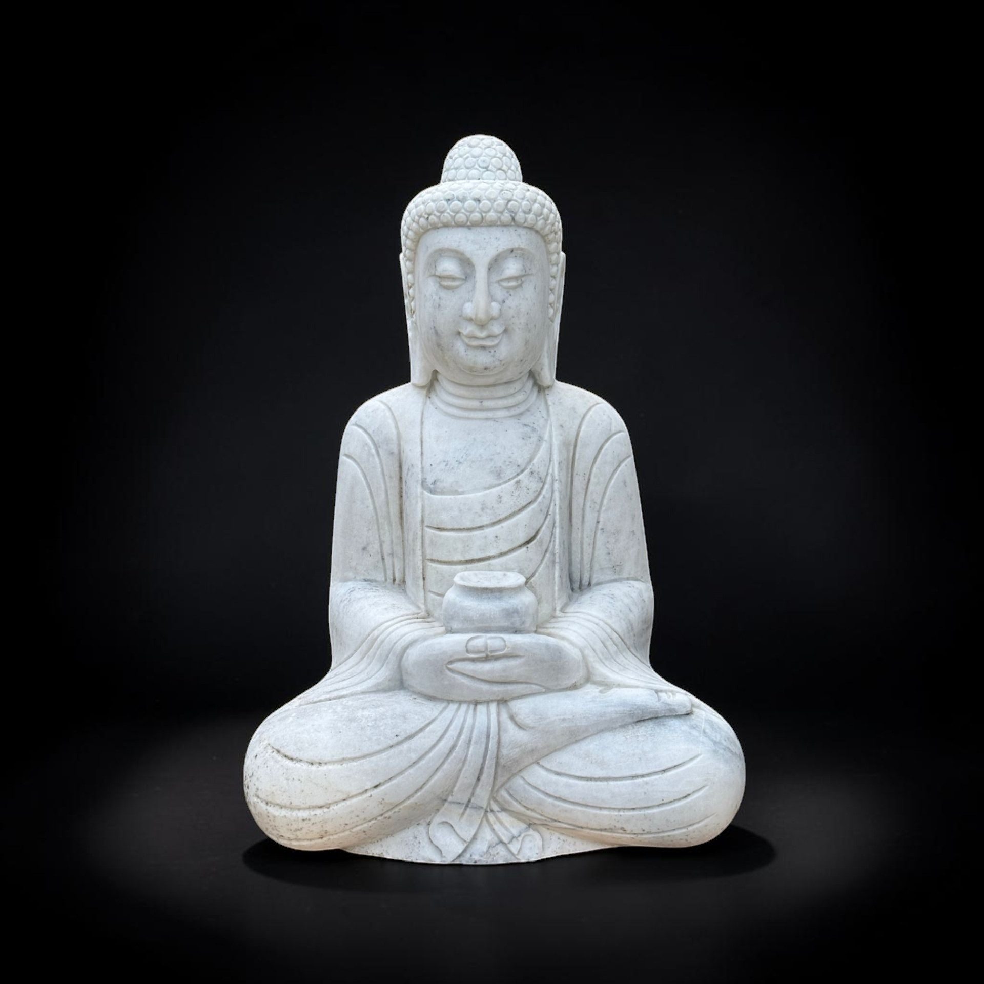 Asien LifeStyle Buddhafigur Marmor Buddha Garten Skulptur meditierend – Weiße Statue 61cm