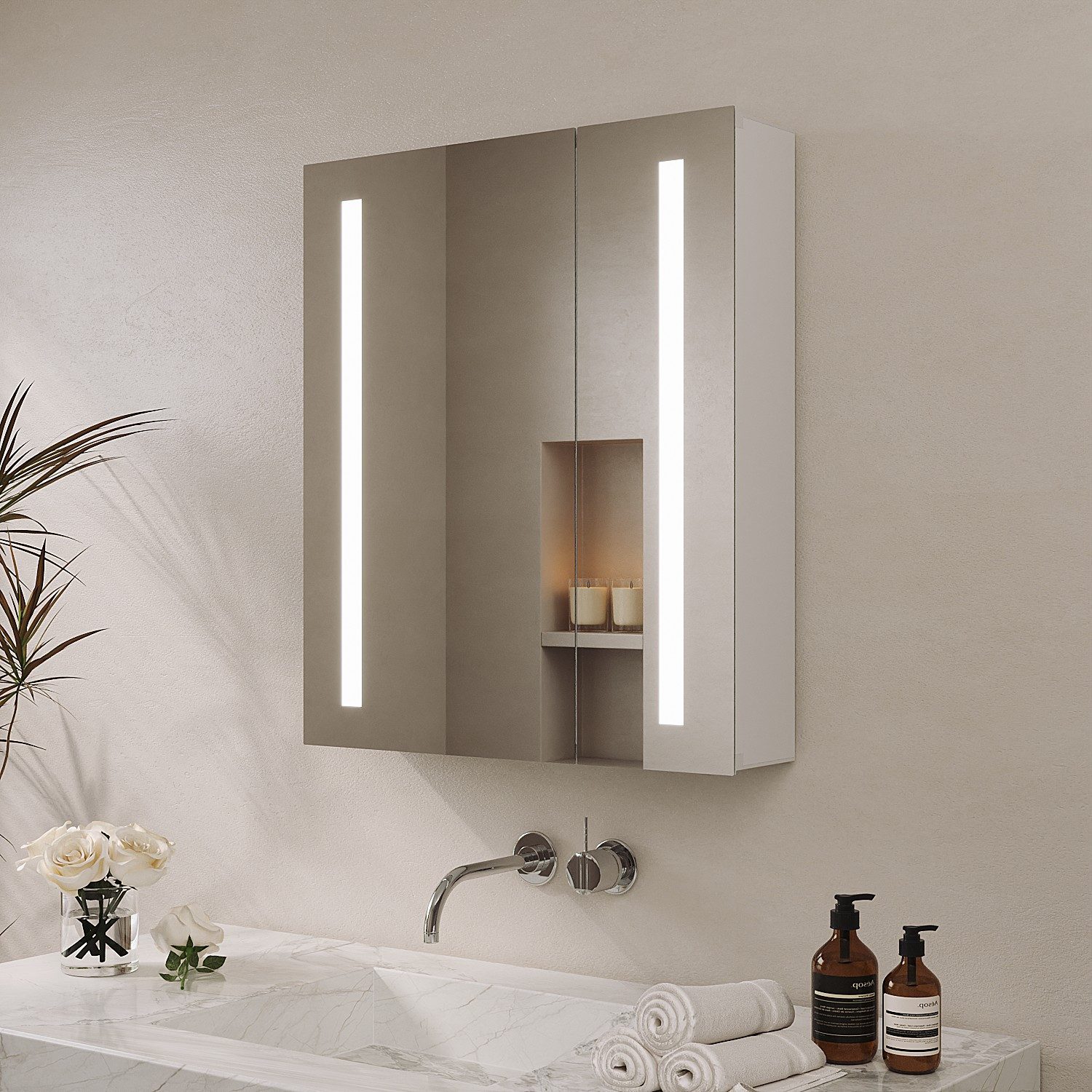 AQUALAVOS Badezimmerspiegelschrank Bad Spiegelschrank mit LED Kaltweiß Beleuchtung IR Sensor Wandschrank 60x70 cm, mit 2 Türen, Doppelseitige Glasspiegel, Soft-Close-Funktion