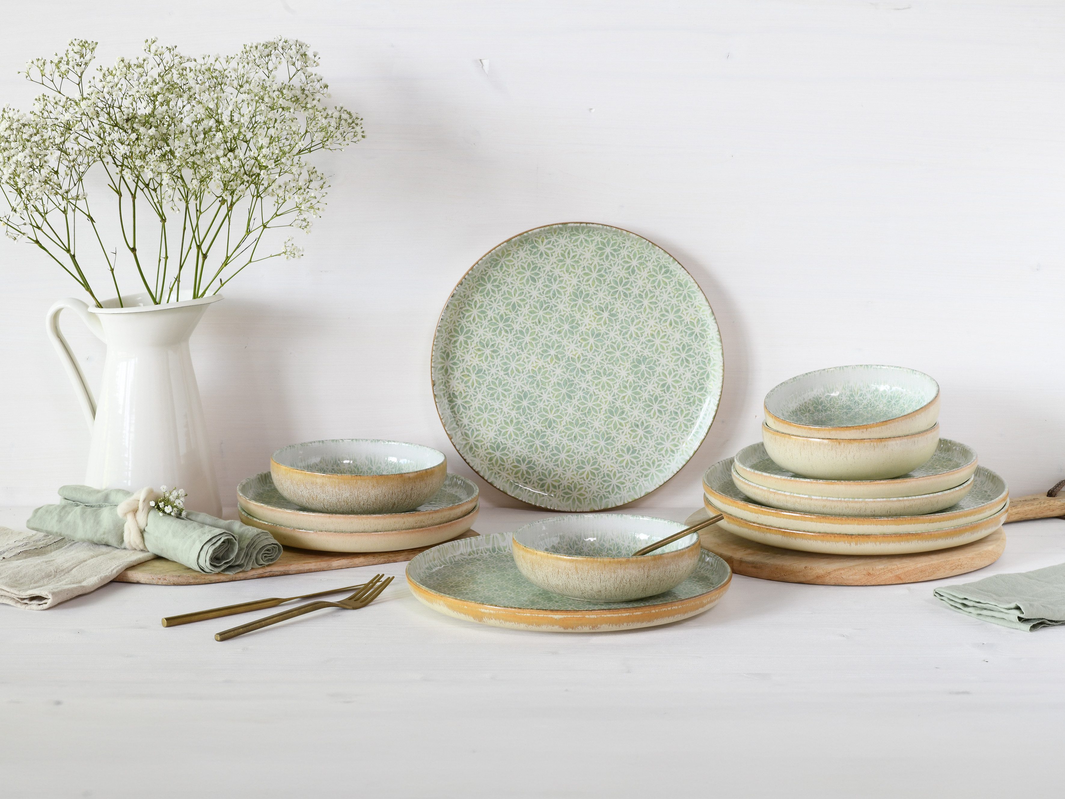 CreaTable Teller-Set Uno Emiliana, Teller Set 12-tlg (12-tlg), 4 Personen, Steinzeug, Shabby Look, Vintage Style