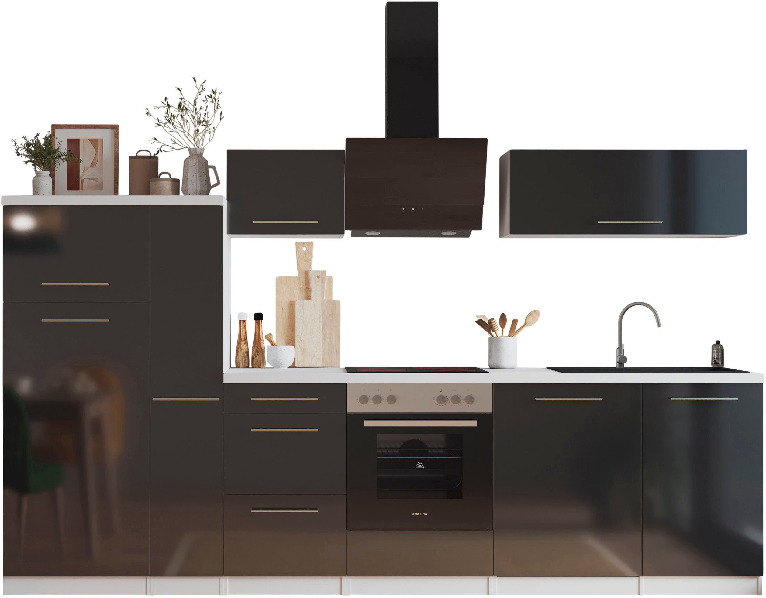 Front: Schwarz Hochglanz | Korpus: Weiß | Arbeitsplatte: Weiß