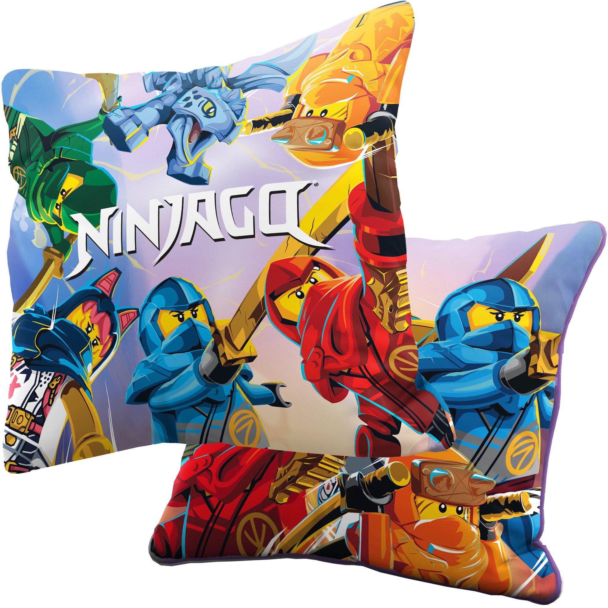 BERONAGE Dekokissen LEGO Ninjago Dragons Rising Kissen Final Battle 40x40 cm, passend zur Bettwäsche, ideal für Sofa, Couch, Bett, Auto, Camping