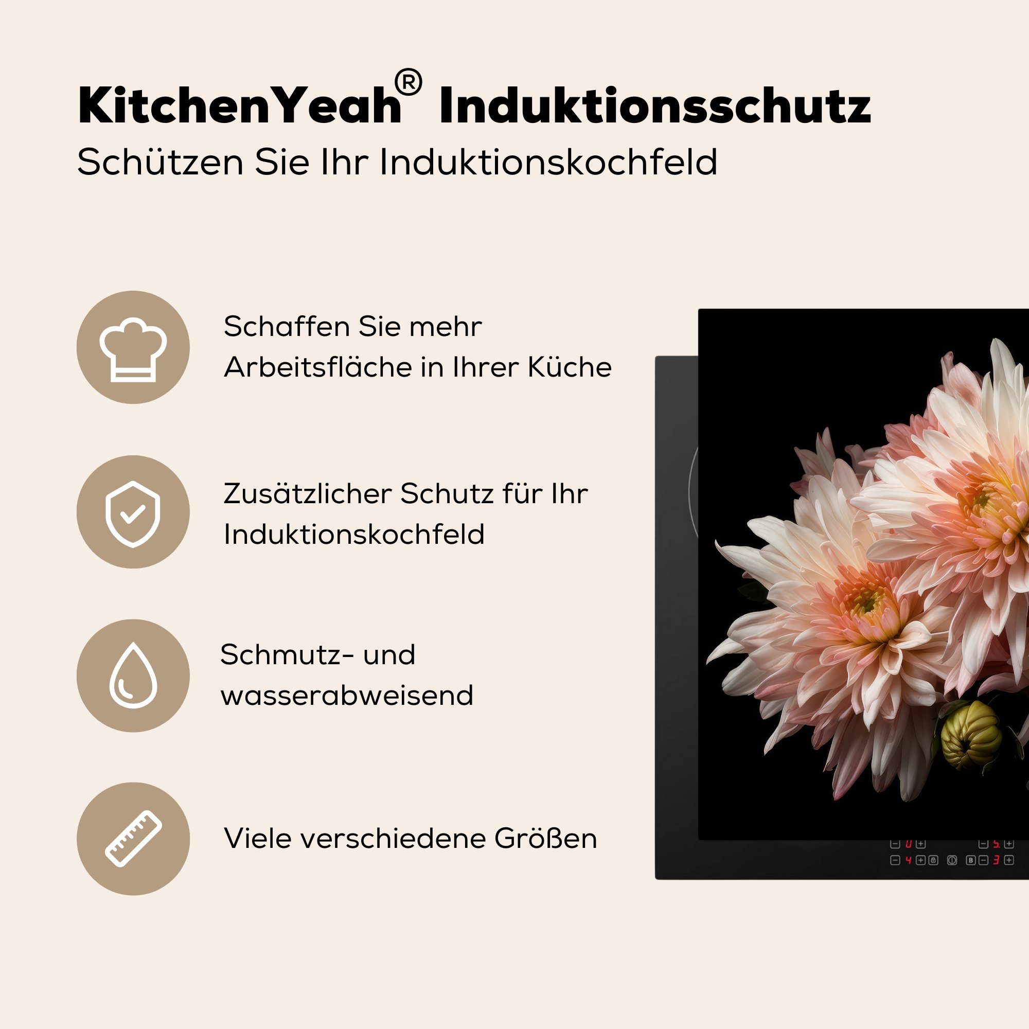 MuchoWow Herdblende-/Abdeckplatte Chrysantheme - Blumen - nutzbar, Mobile tlg), (1 Vinyl, Weiß Schwarz, Ceranfeldabdeckung 60x52 - - Natur Arbeitsfläche cm