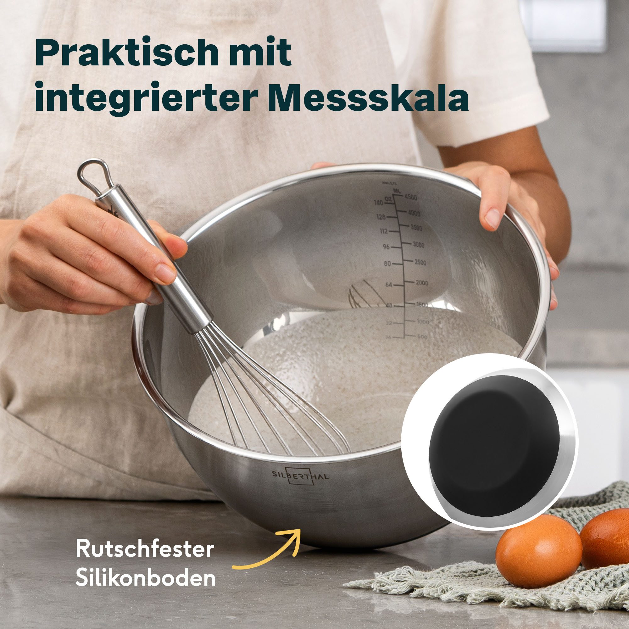 SILBERTHAL Rührschüssel Salatschüssel 20cm, Edelstahl, (1-tlg), Rutschfest dank Silikonboden, mit integrierter Skala – Bild 5 von 5