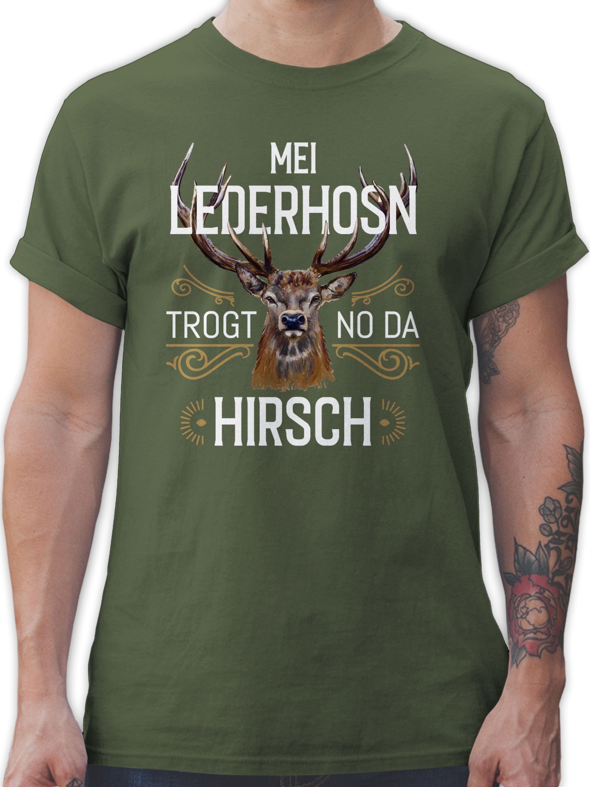 Shirtracer T-Shirt Lederhosn - weiß trogt Mode braun Grün 02 Mei da Herren Army Hirsch Oktoberfest für no