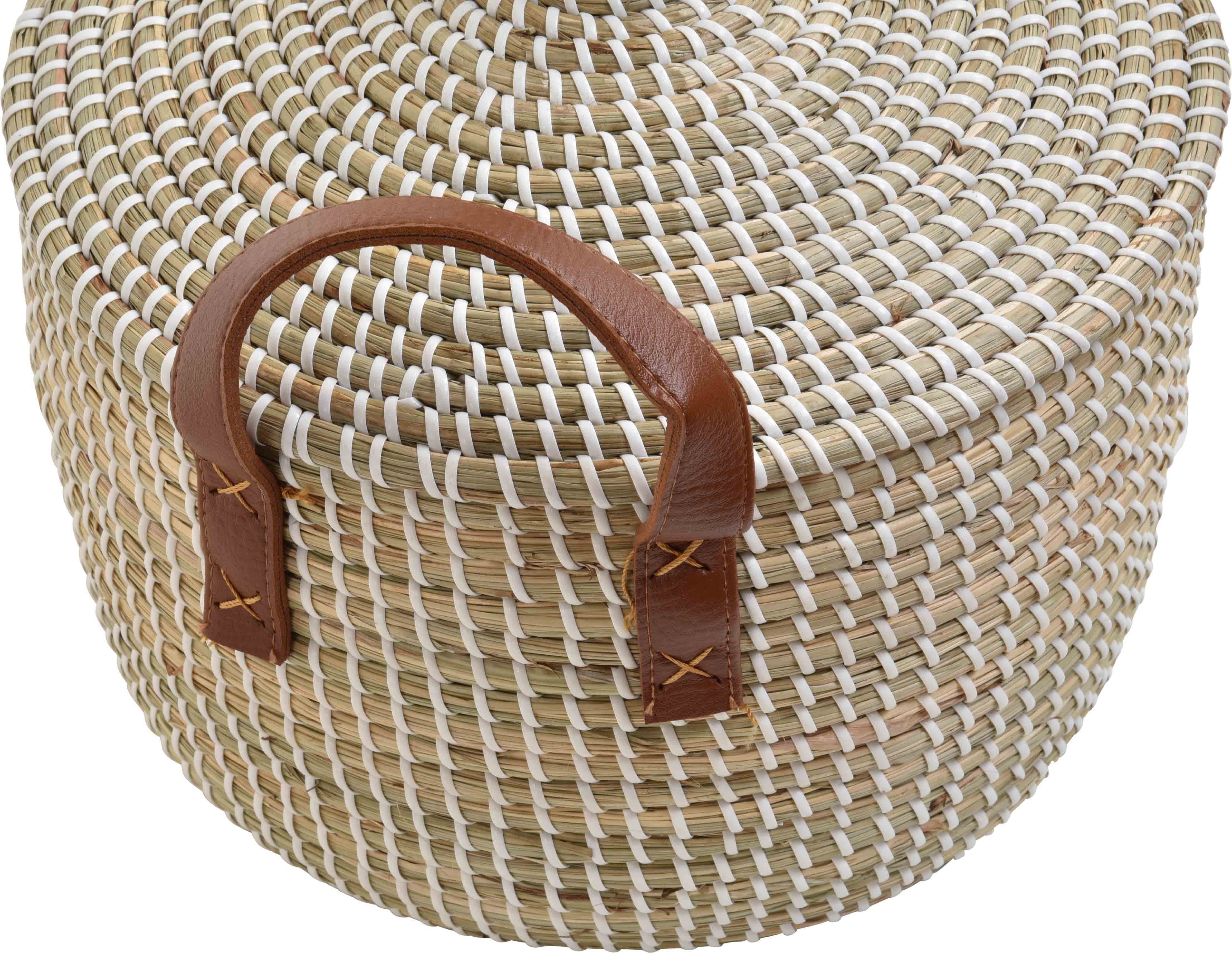 Krines Home Aufbewahrungskorb Handgearbeiteter Seegras Dekokorb mit Deckel Aufbewahrung Flechtkorb, Korb Natur mit weißen Wicklungen Rund (Hell Natur, Rund) – Bild 4 von 5