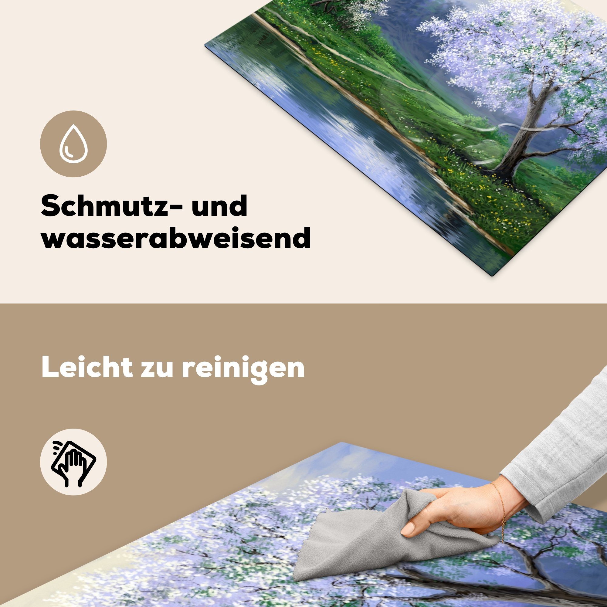 MuchoWow Herdblende-/Abdeckplatte Malerei - Ceranfeldabdeckung Wasser, cm, (1 70x52 Baum Arbeitsfläche tlg), Natur nutzbar, Mobile - Vinyl, - - Blüte