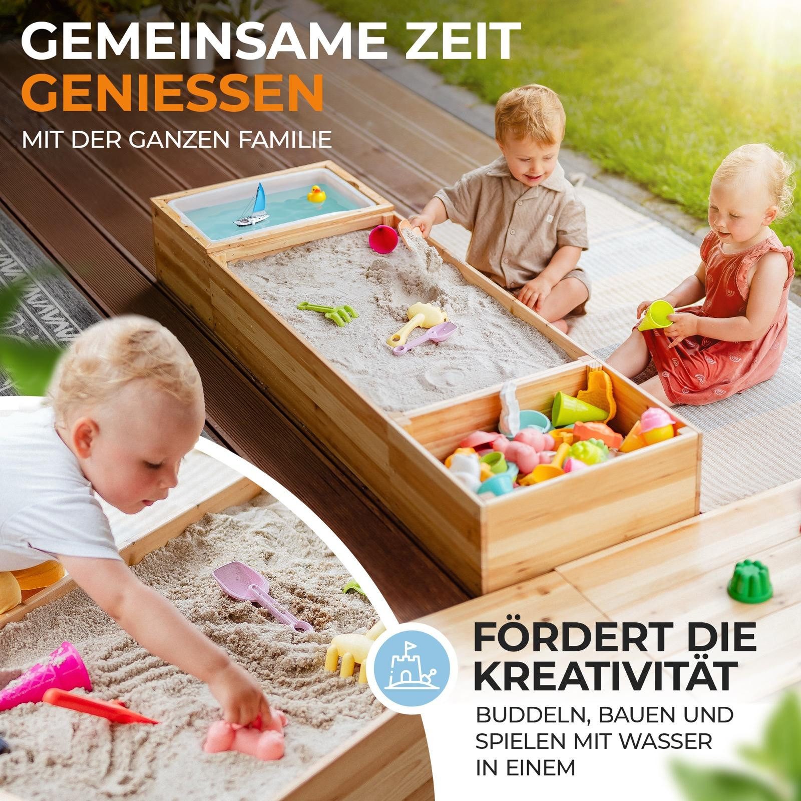 SCHRIMA Sandkasten 4 in 1 Sandkasten aus Massivholz - mit Holzabdeckung + Wasserwanne