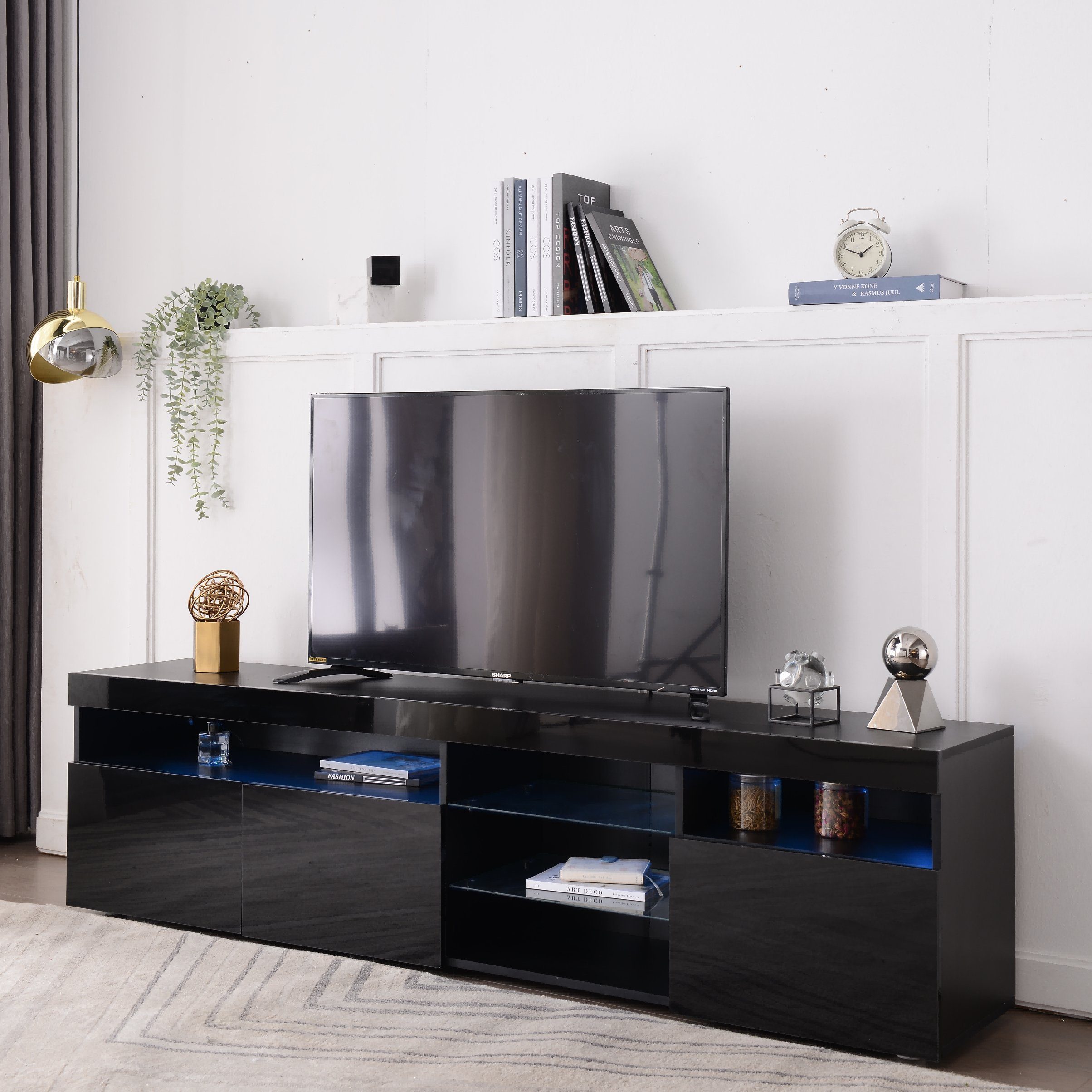 Odikalo TV-Schrank -LED Weiß/Schwarz Panel Hell 180cm Lowboard Lagerschrank 16 Sideboard