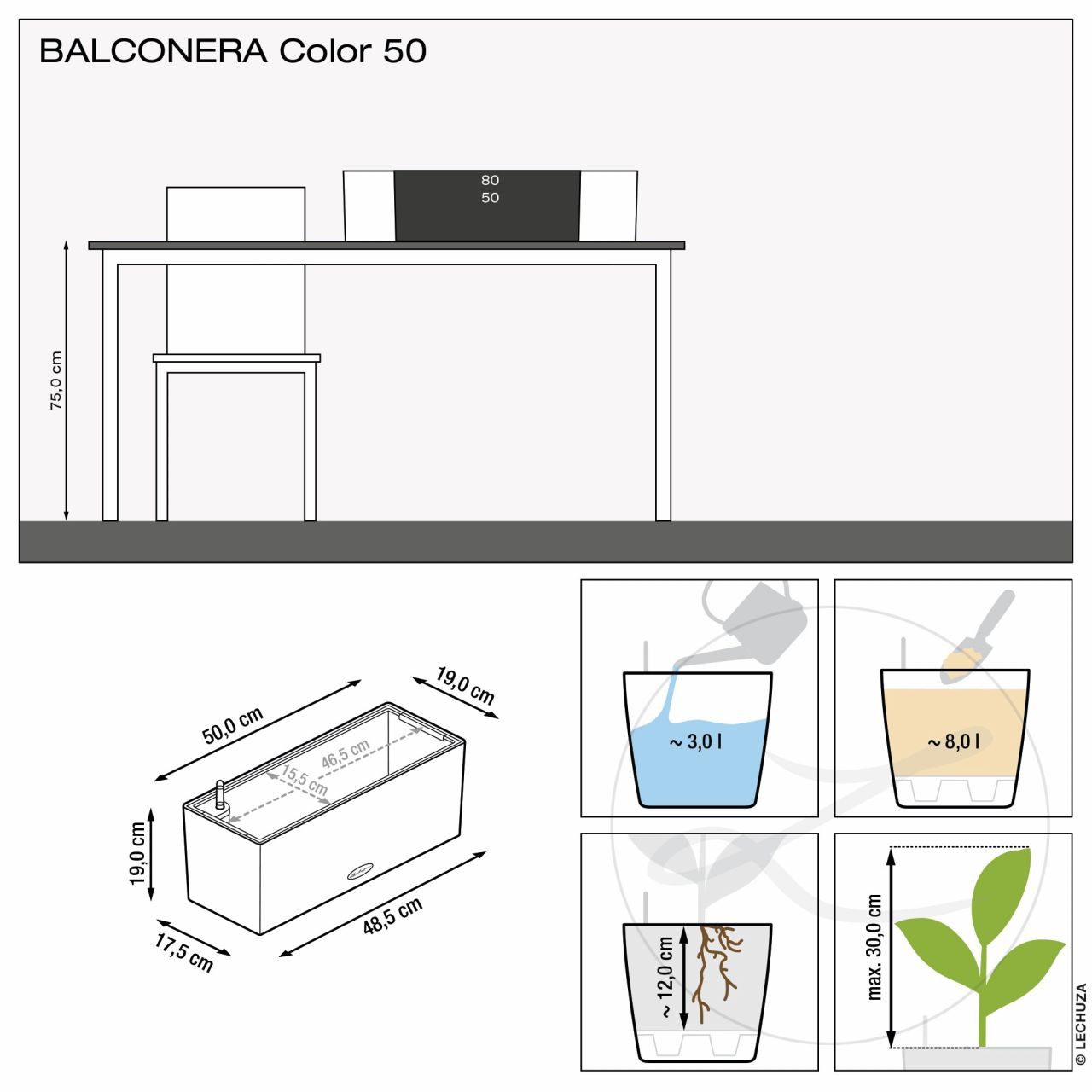 Lechuza® Blumenkasten Lechuza Balkonkasten Balconera Color 50 cm, weiß
