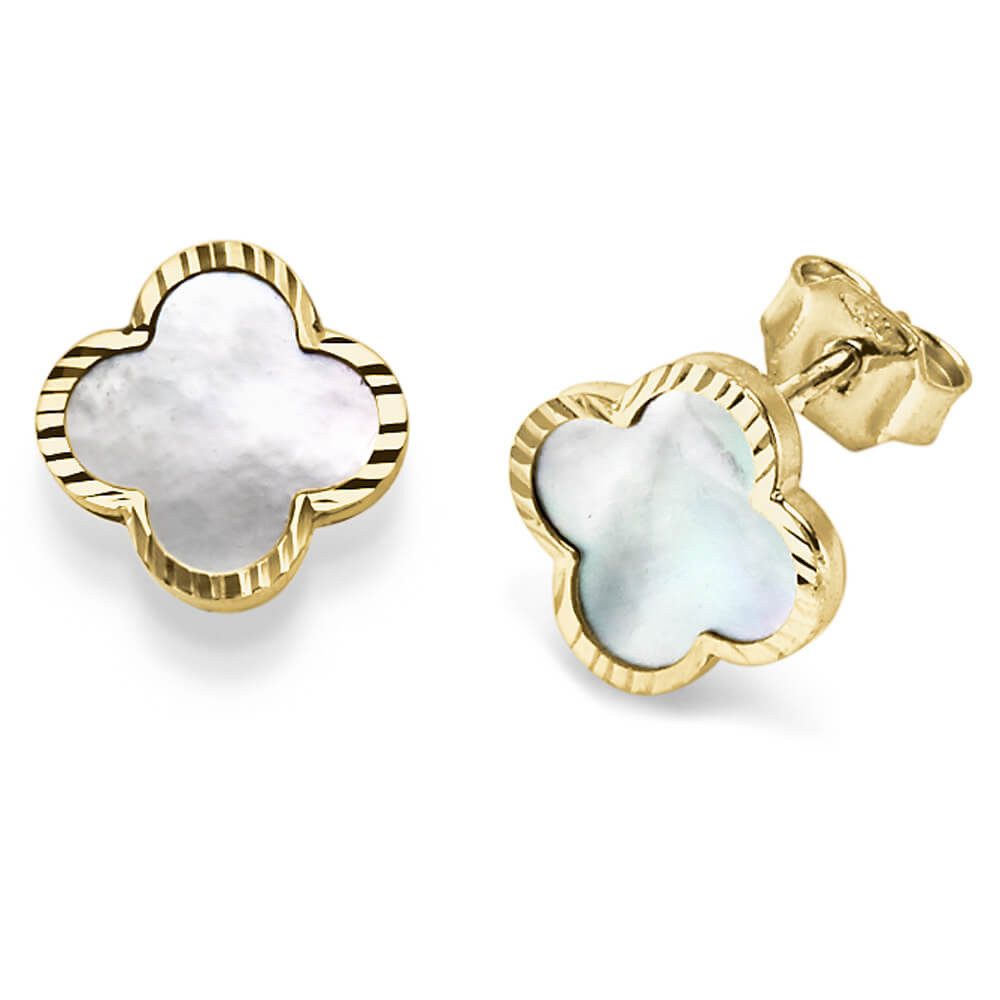 Schmuck Krone Paar Ohrstecker Paar Ohrstecker Kleeblatt Blumen mit Perlmutt 585 Gelbgold, Gold 585