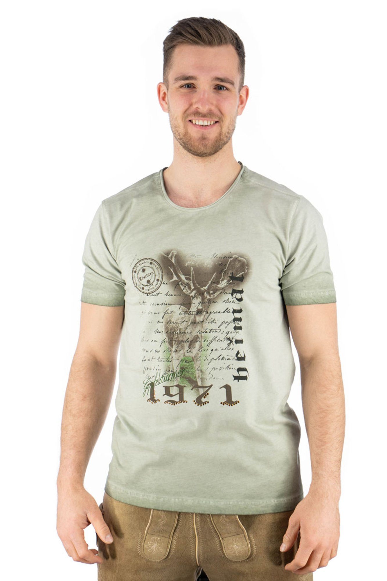 OS-Trachten Trachtenshirt Ofapuo Kurzarm T-Shirt mit Motivdruck khaki/schlamm