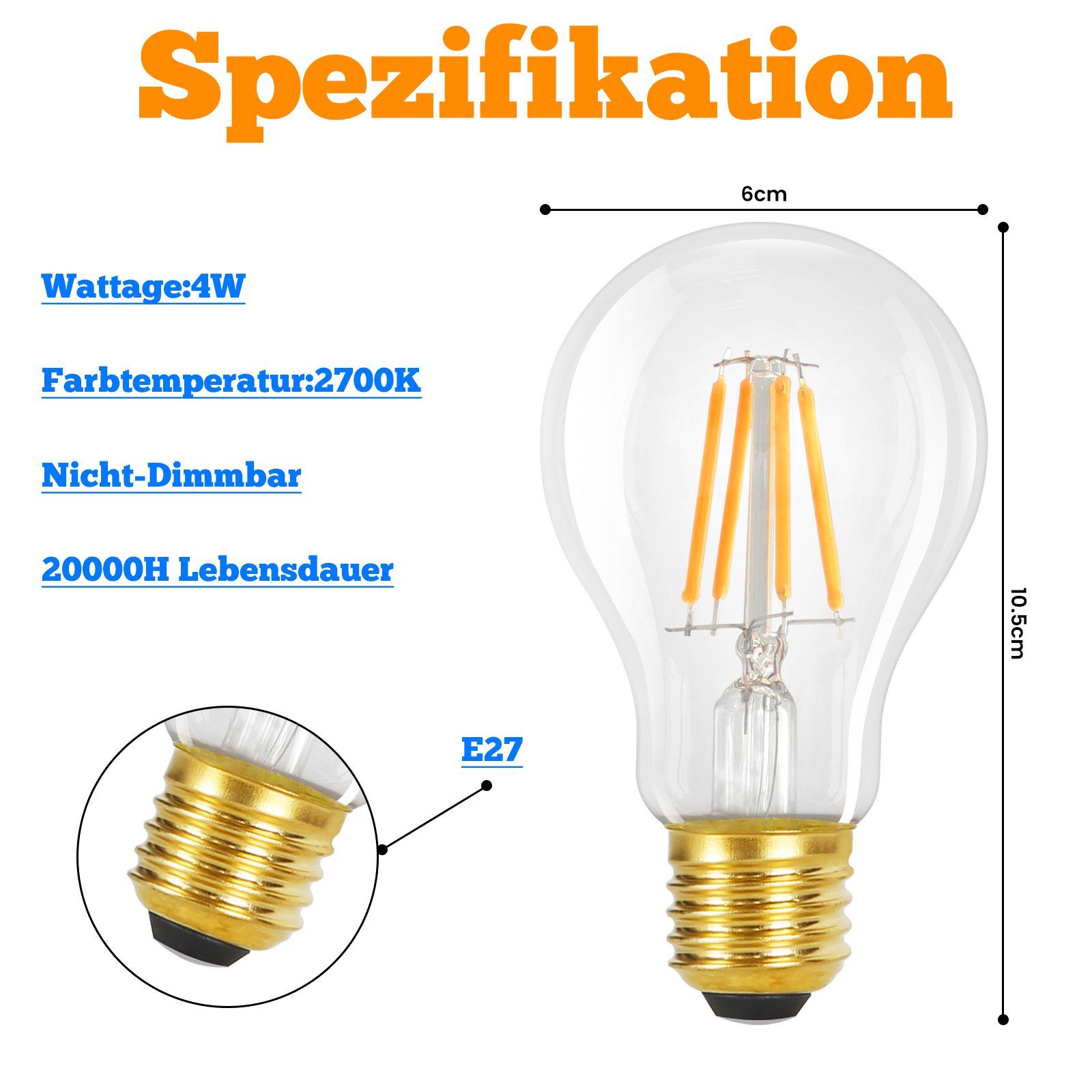 ZMH LED-Leuchtmittel 2700K 3000k, St., 4W Dimmbar Warmweiss Vintage Glühlampe, 3 A60 Glühbirne E27, Nicht Edison E27