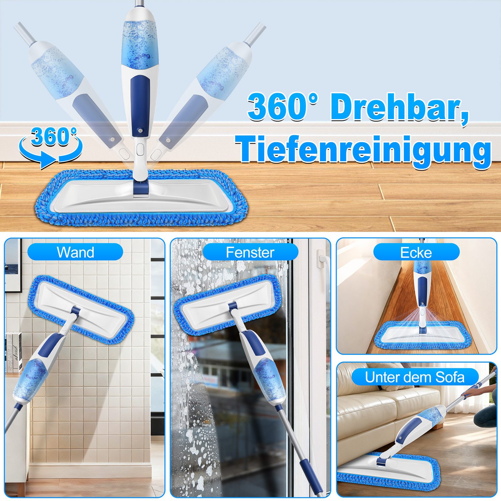 HUGERSTONE Sprühwischer Wischmopp mit 550ml Wassertank, Bodenwischer mit Sprühfunktion, Blau (360 Grad Rotierender Wischmopp für alle Böden) Nass und Trockenwischer mit 3 Waschbaren Mikrofaser Pads