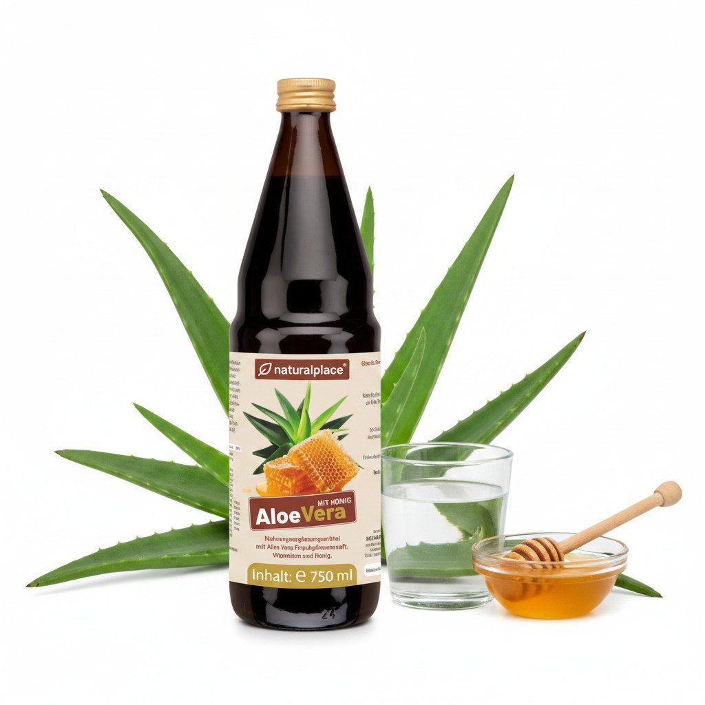 naturalplace® Aloe Vera Frischpflanzensaft mit Honig + Biotin, Vitamin C, B-Vitamine Natürlicher Saft, 750 ml, 90% Aloe Vera aus kontrolliertem Anbau und 9% Honig