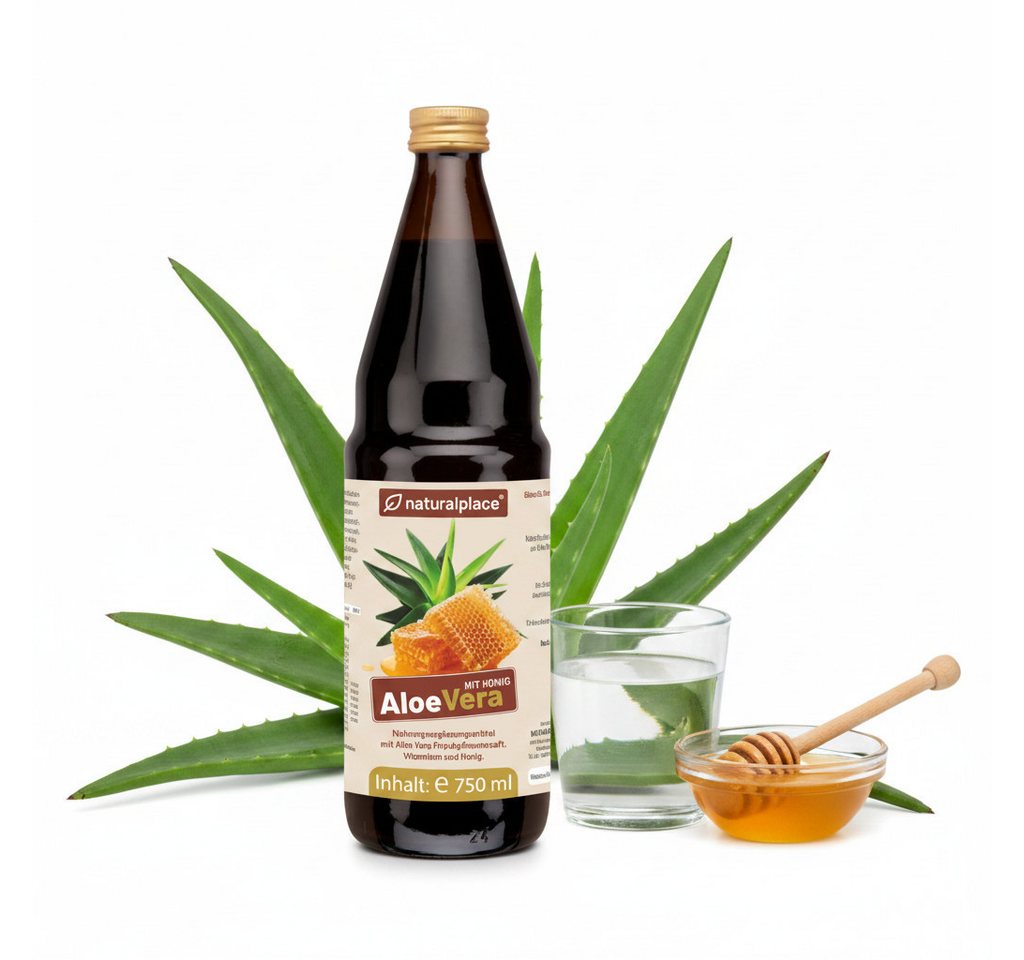 naturalplace® Aloe Vera Frischpflanzensaft mit Honig + Biotin, Vitamin C, B-Vitamine Natürlicher Saft, 750 ml, 90% Aloe Vera aus kontrolliertem Anbau und 9% Honig