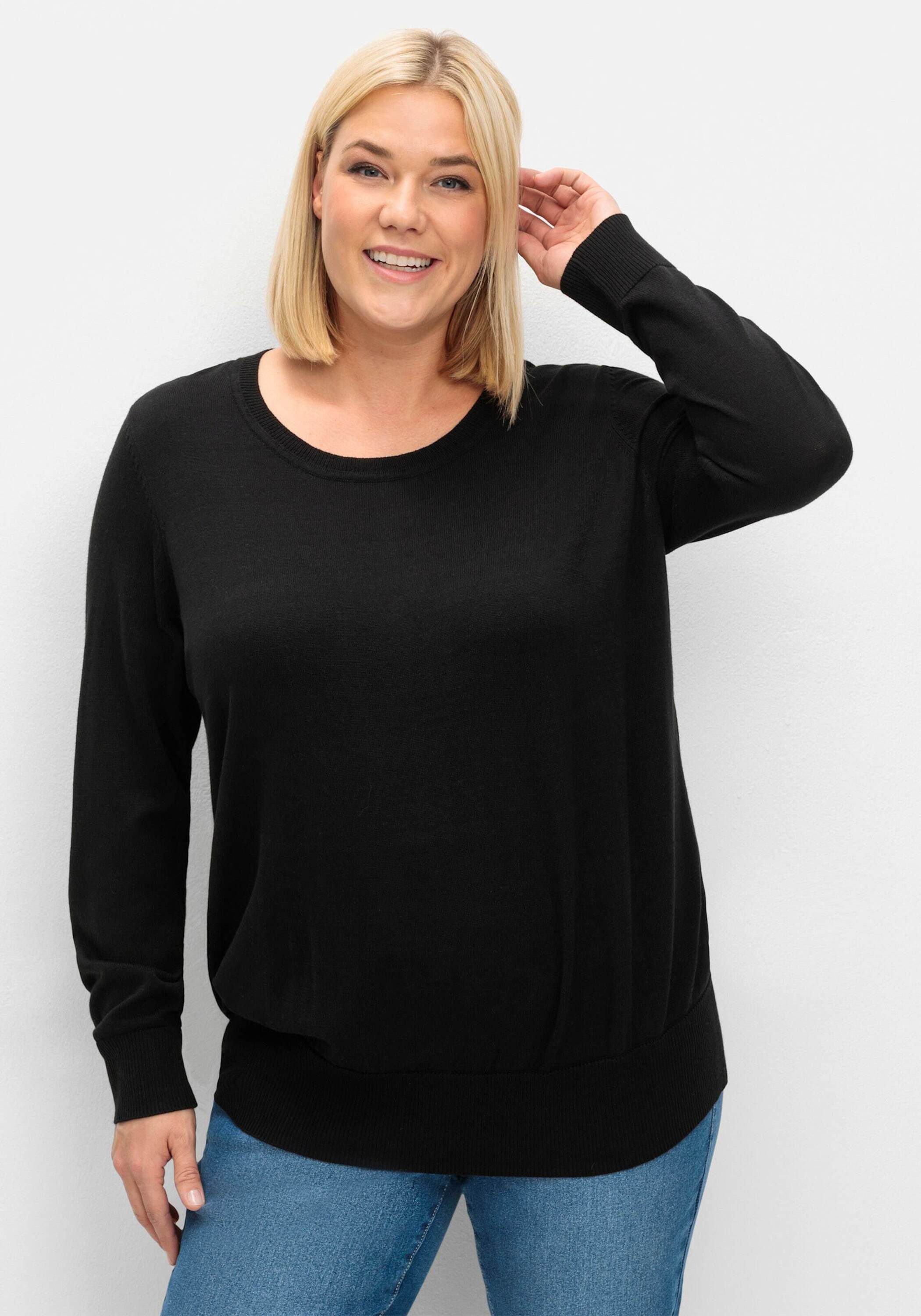 Sheego Strickpullover Rundhalspullover Langarm aus leichtem Strick, mit Rippbund