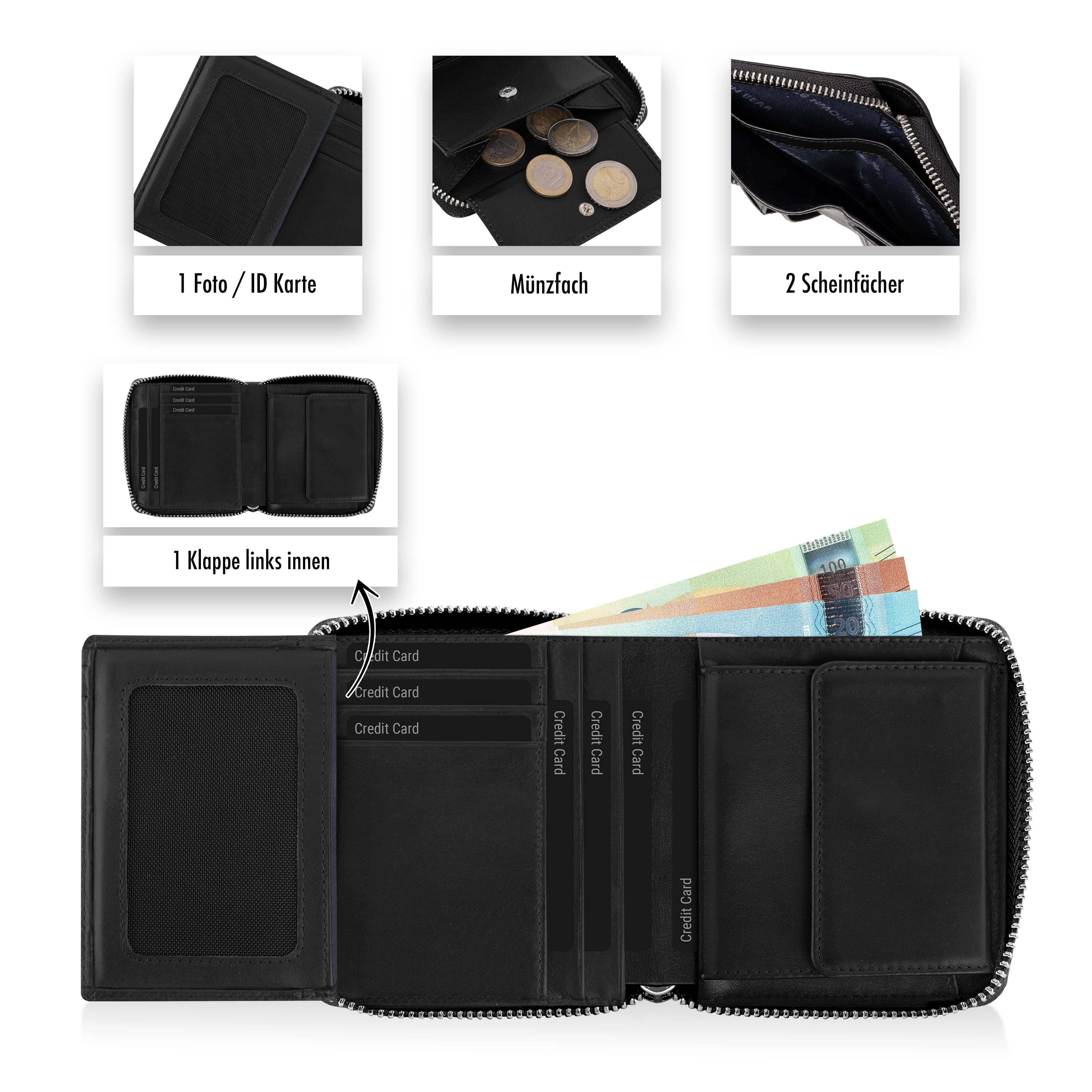 Brown Bear Geldbörse Pia aus Echtleder mit umlaufendem Reißverschluss, für Damen mit 10 Kartenfächern Farbe Schwarz Nappa