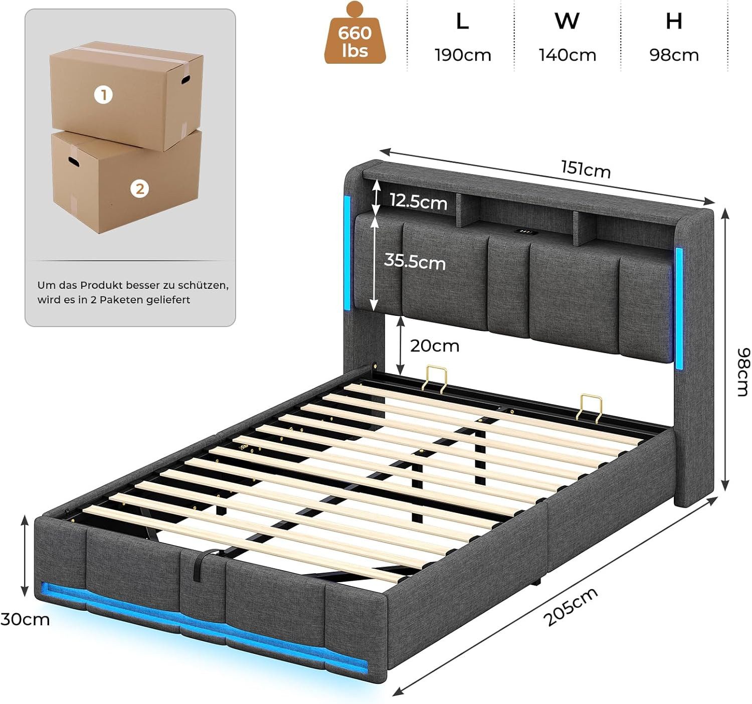 MSMASK Polsterbett mit Steckdosen & LED Beleuchtung, Stauraum und Kopfteil, 150×205 cm, Dunkelgrau, mit Stauraum & LED Beleuchtung