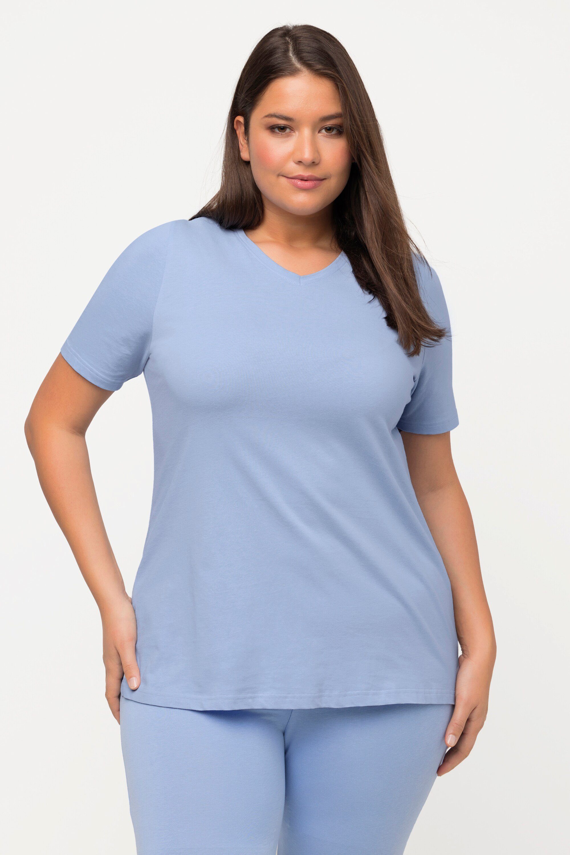 Ulla Popken Rundhalsshirt T-Shirt V-Ausschnitt Classic Halbarm Biobaumwolle himmelblau